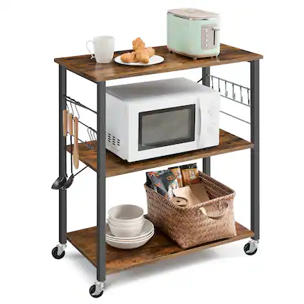 Front. Songmics Home - Kitchen Shelf on Wheels, Serving Cart with 3 Shelves, Kitchen Cart, Microwave Shelf, for Mini Oven, Toaster - Rustic Brown and Black.