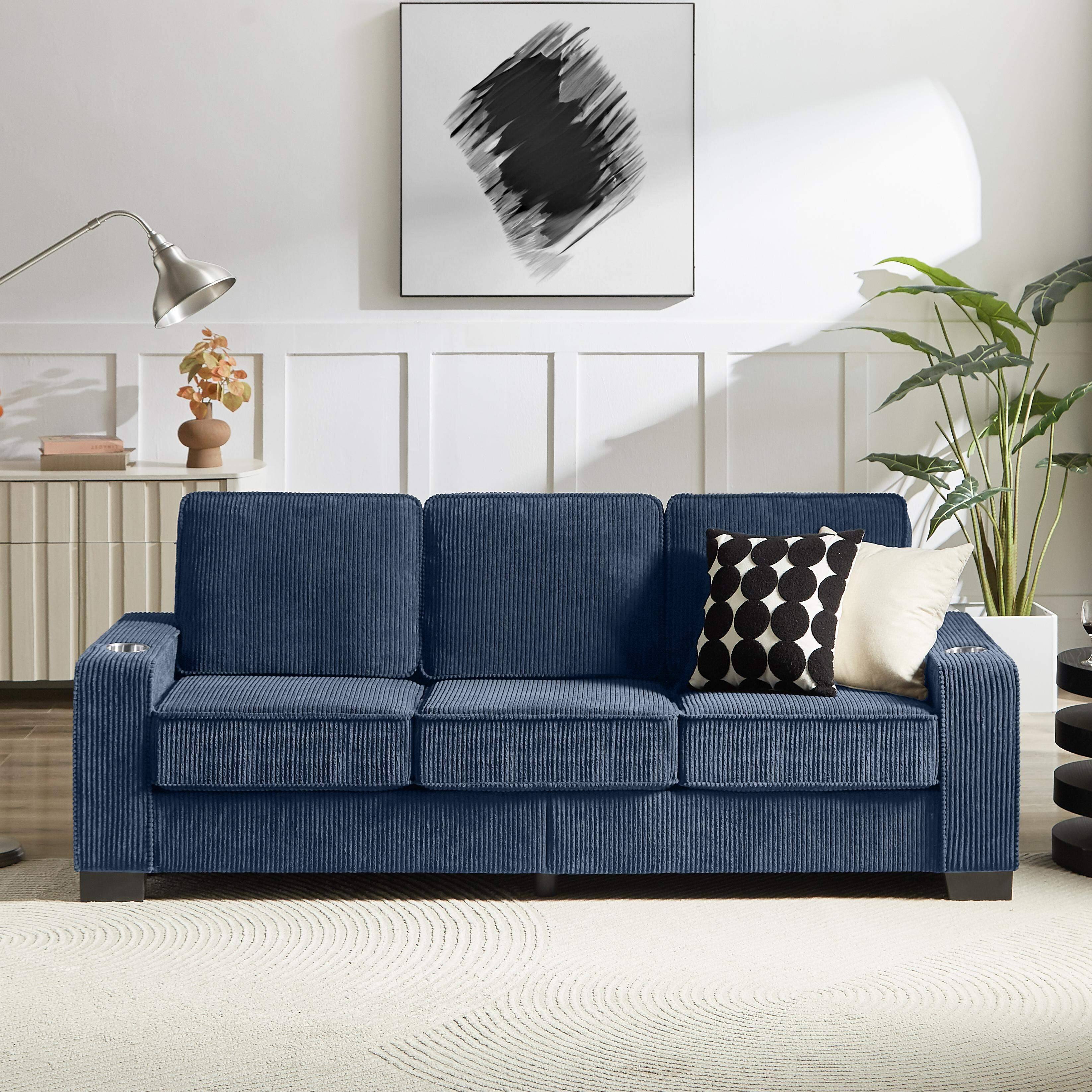 Roomtec - 83.86 inch Corduroy Fabric sofaModern Compressed Couch3Seater Sofa Furniture for Living RoomBedroomoffice Blue - Blue