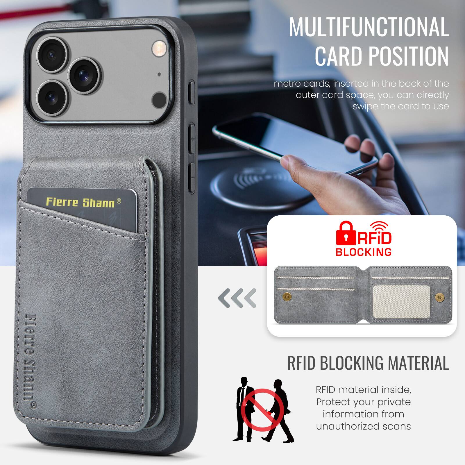 MULTIFUNCTIONAL CARD POSITION

Metro cards, inserted in the back of the outer card space, you can directly swipe the card to use.

RFID BLOCKING

RFID BLOCKING MATERIAL

RFID material inside, protect your private information from unauthorized scans.