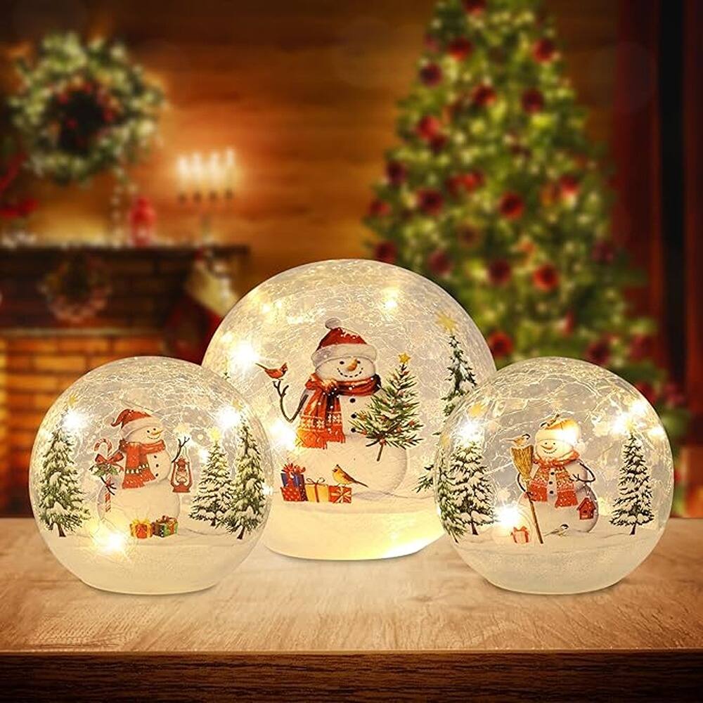 Schertz - Set of 3 LED Snowman Crackle Glass Ornaments – Lighted Christmas Globes for Indoor Table, Mantel, and Fireplace Decor wi - golden