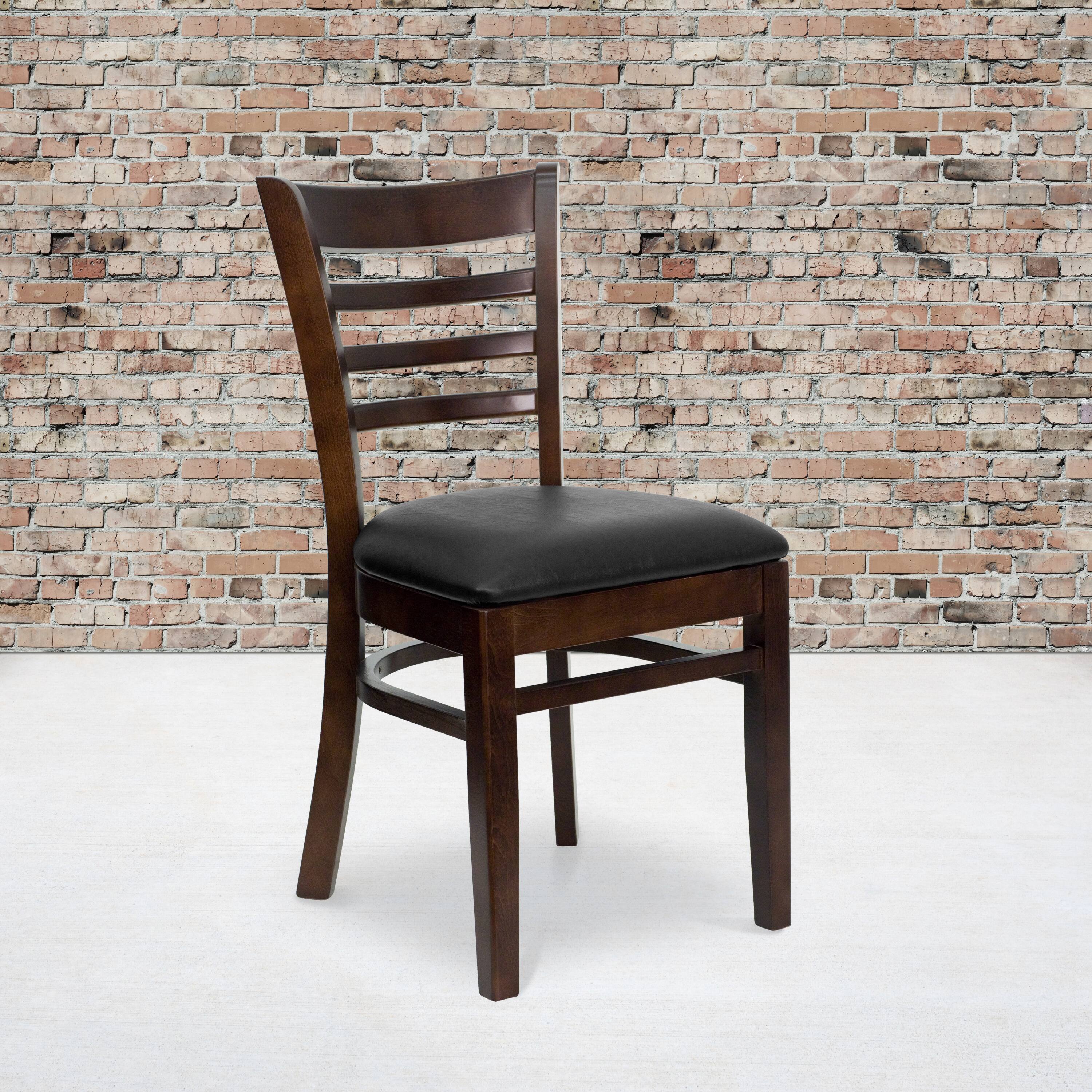 Alt View 2. Emma + Oliver - 2 Pack Ladder Back Wooden Restaurant Chair - Black Vinyl Seat/Walnut Wood Frame.