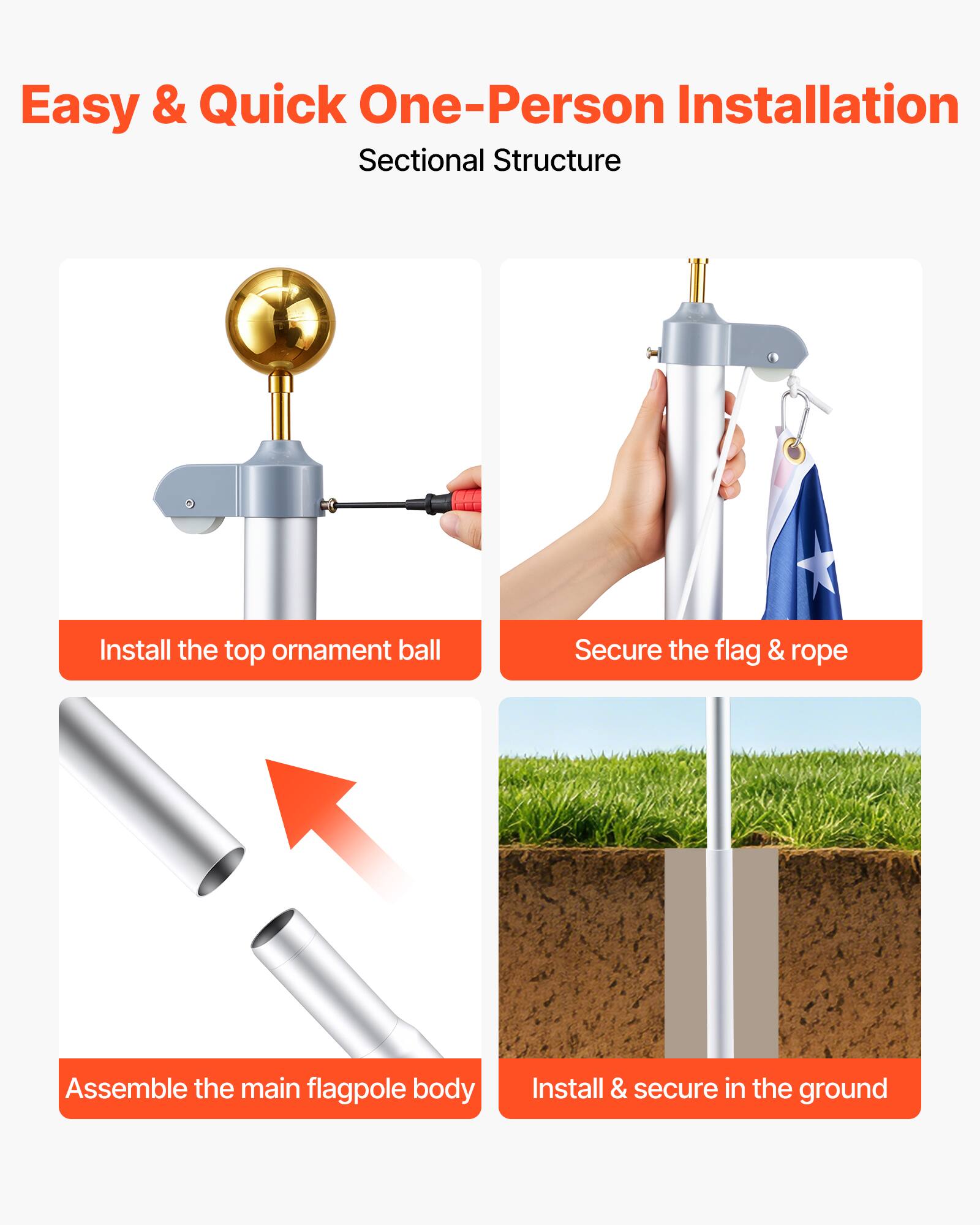 Easy & Quick One-Person Installation  
Sectional Structure  
1. Install the top ornament ball  
2. Secure the flag & rope  
3. Assemble the main flagpole body  
4. Install & secure in the ground