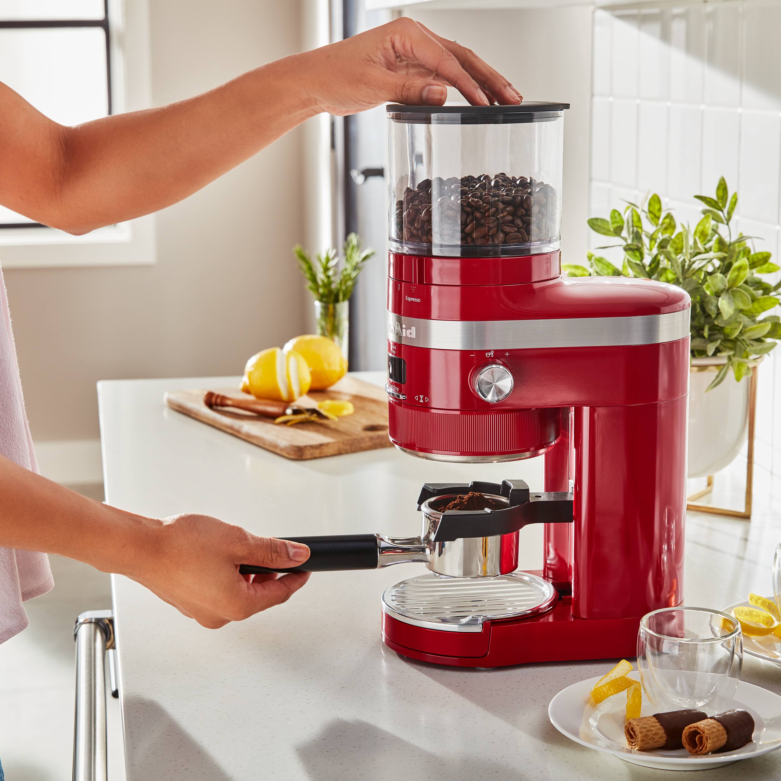 Left. KitchenAid - Burr Coffee Grinder - Empire Red.