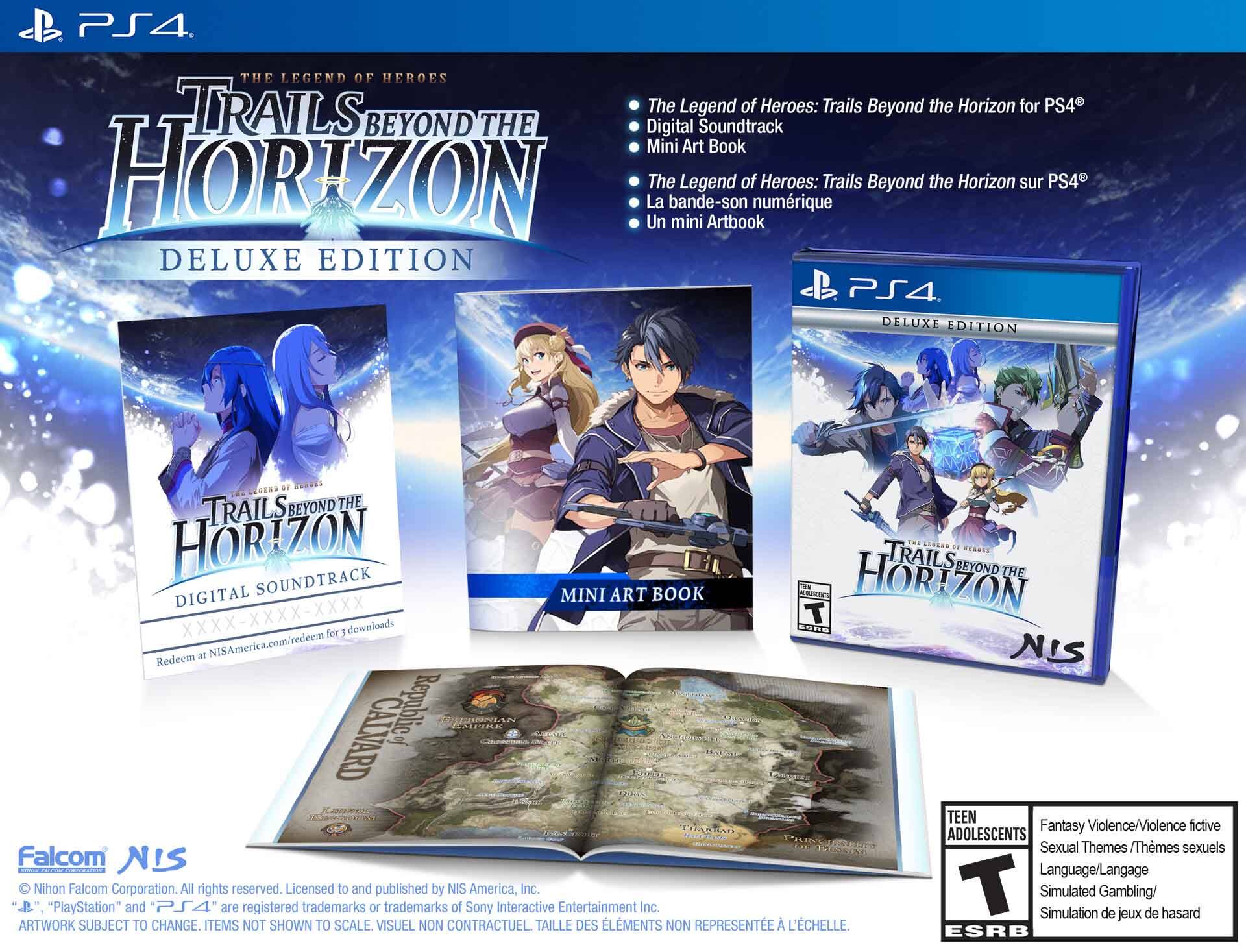 PS4. The Legend of Heroes: Trails Beyond the Horizon for PS4. The Deluxe Edition includes a digital soundtrack, a mini art book, and a PS4 game. The game is rated E10+ for Fantasy Violence and Violence, and Sexual Themes. It is developed by Falcom and published by NIS America. All rights are reserved, and the game is subject to change. The artwork is not contractual and may not be representative of the final product.