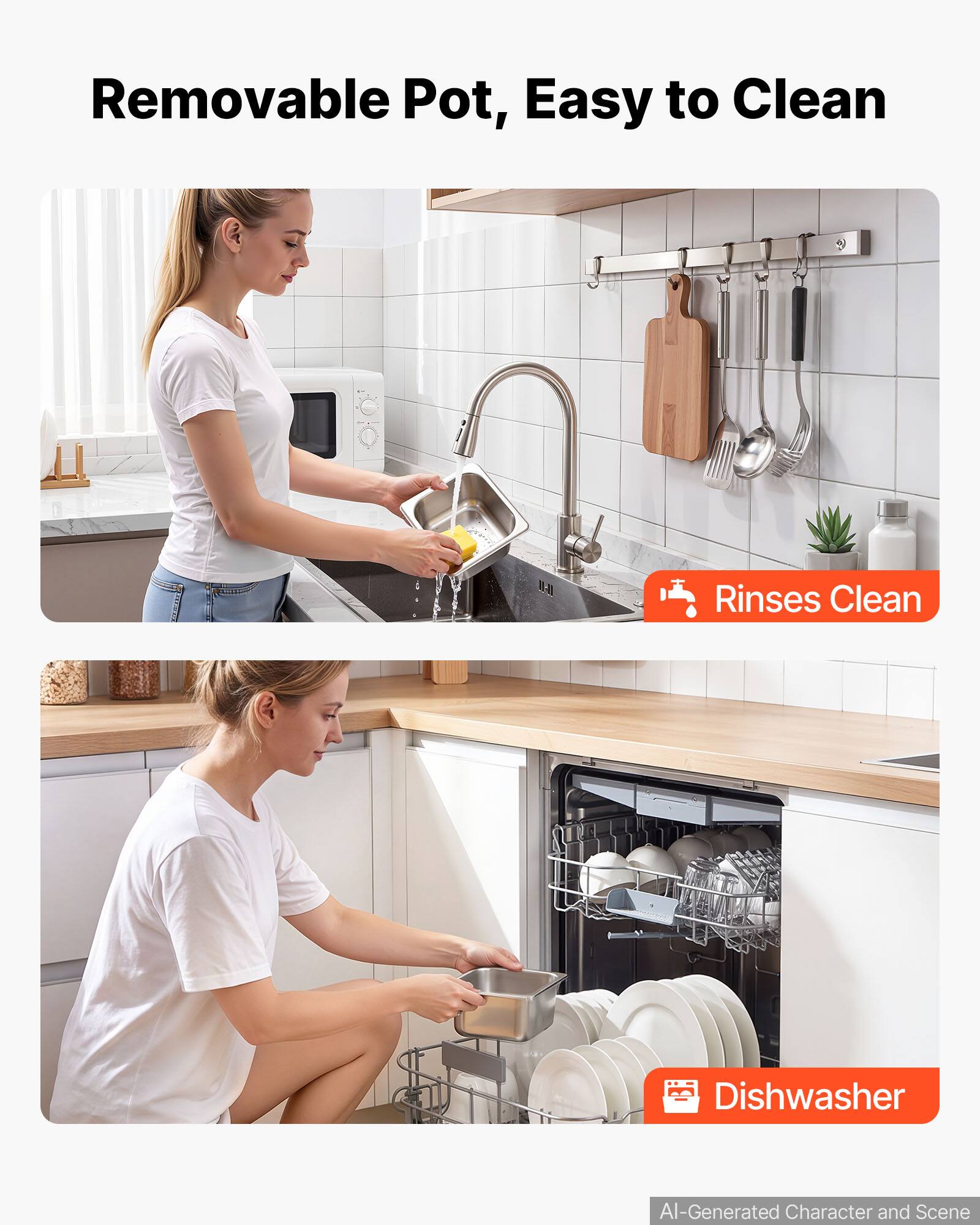 Removable Pot, Easy to Clean

- Rinses Clean
- Dishwasher

AI-Generated Character and Scene
