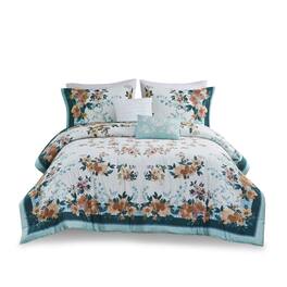 Gracie Mills - Lemuel Shabby Chic Floral Cotton Comforter Set with Decorative Pillows - Teal