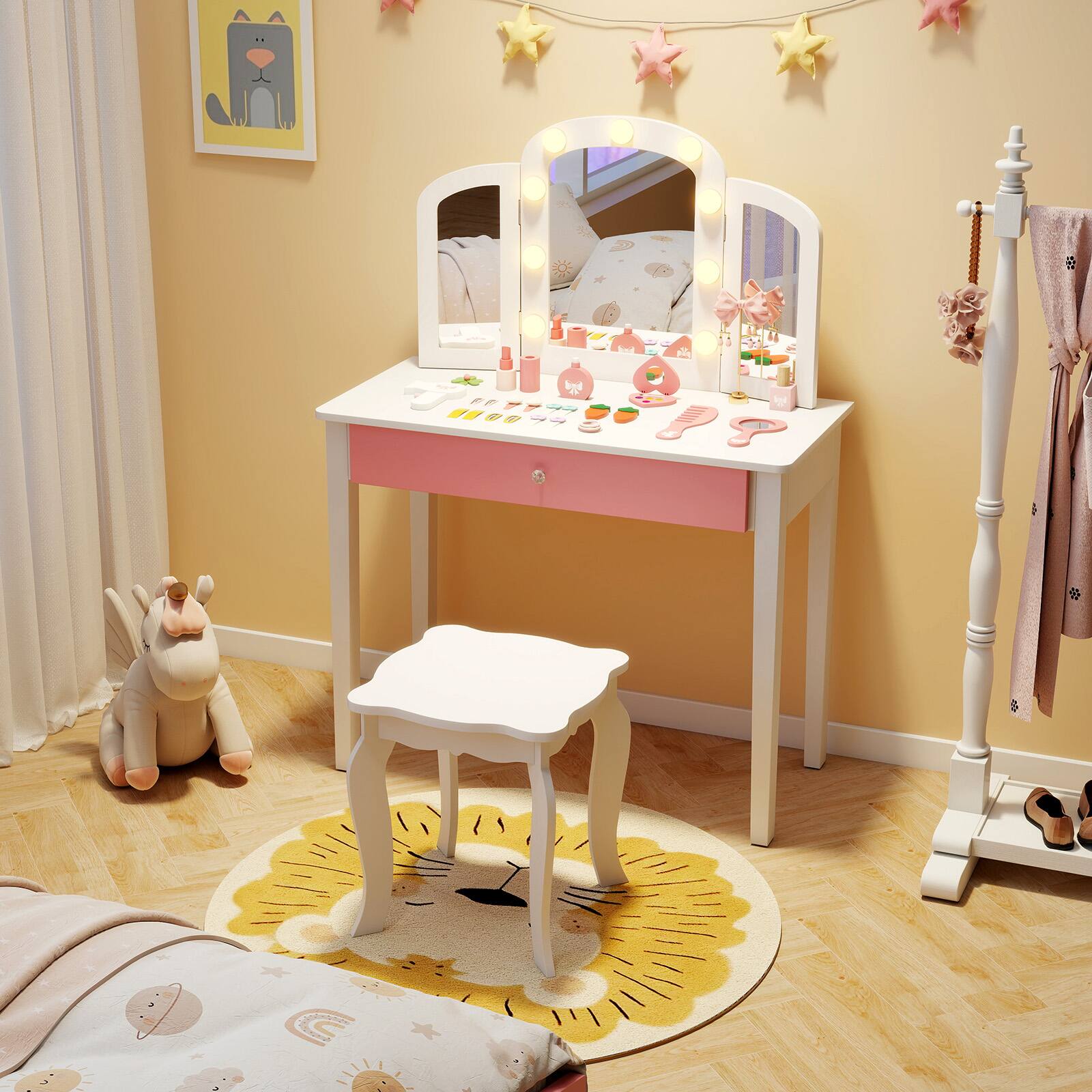 Alt View 3. Gymax - Gymax Kids Vanity Table Set 2-in-1 Princess Makeup Dressing Desk w/Mirror Stool Drawer White - White.