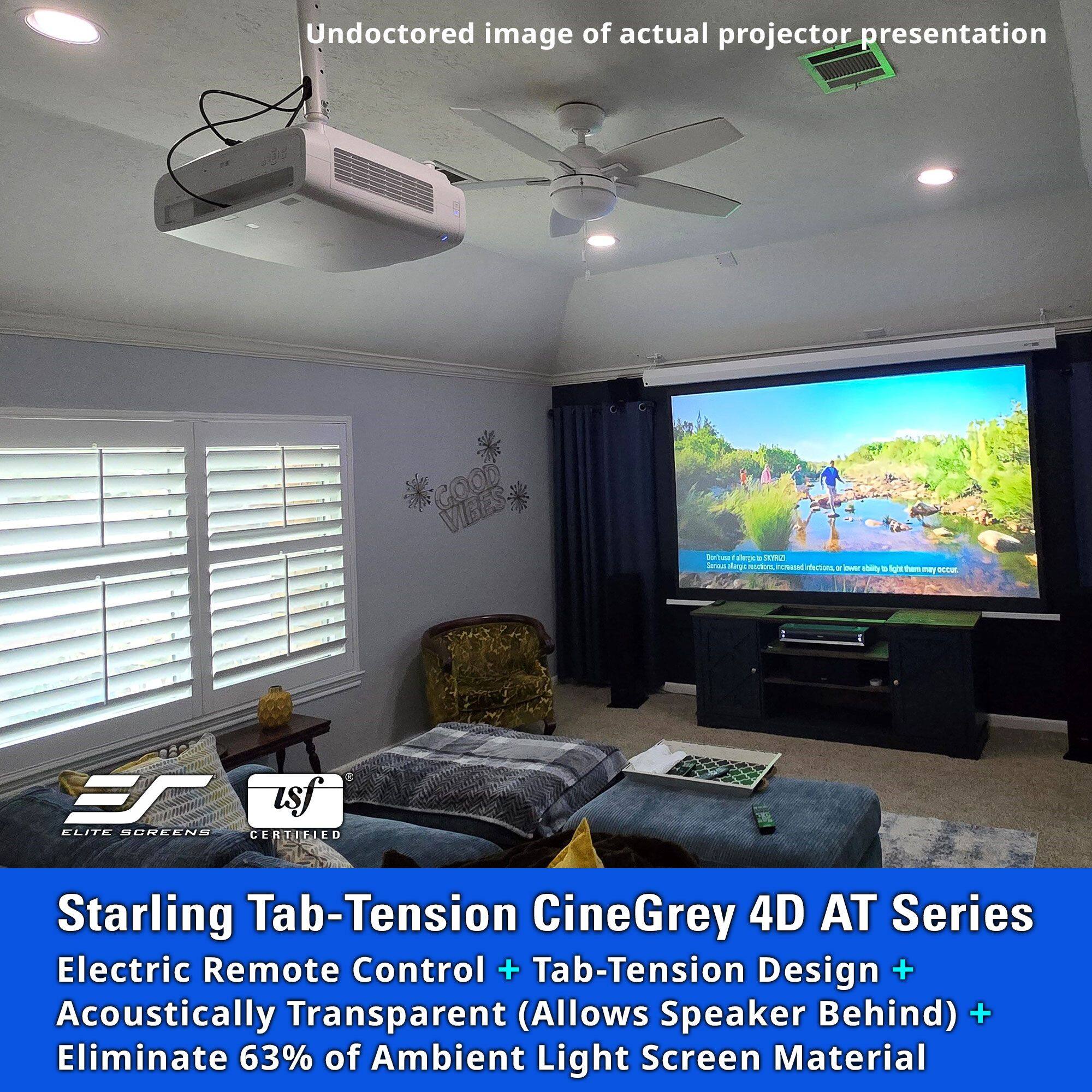 Undoctored image of actual projector presentation

Starling Tab-Tension CineGrey 4D AT Series  
Electric Remote Control + Tab-Tension Design + Acoustically Transparent (Allows Speaker Behind) + Eliminate 63% of Ambient Light Screen Material

ELITE SCREENS CERTIFIED
