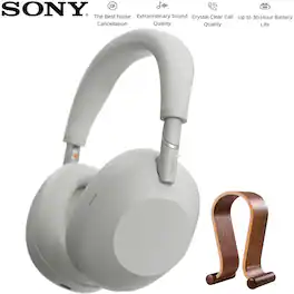 Sony - Best Wireless Noise Canceling Headphones Platinum Silver with Wood Stand Bundle