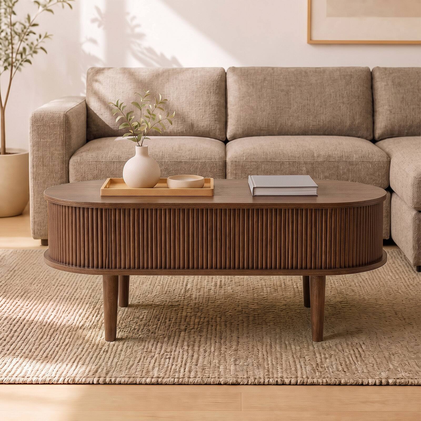 Alt View 4. Costway - Costway Oval Lift Top Coffee Table with Storage, Fluted Design & Raised Wood Feet for Home - Walnut.