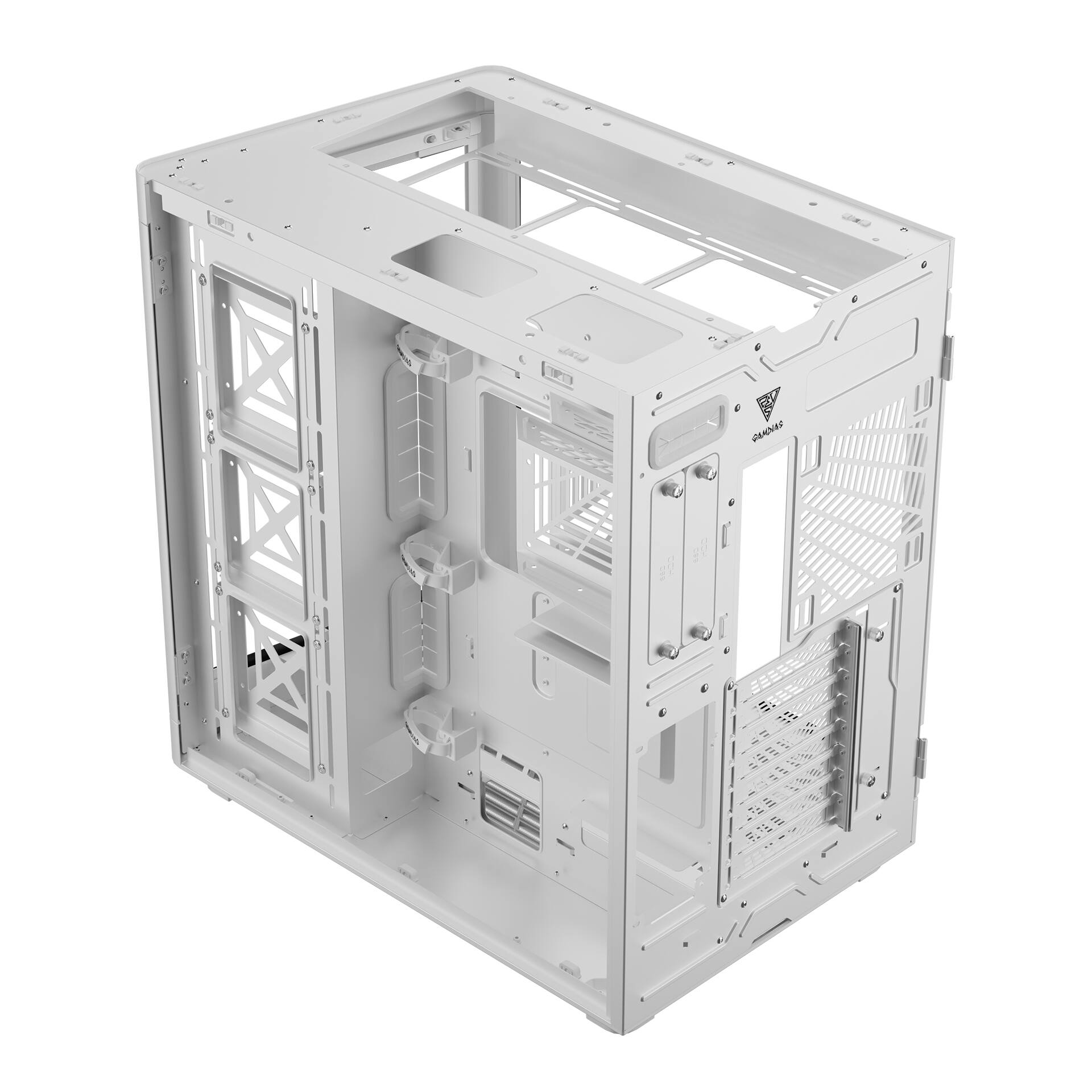 Alt View 5. GAMDIAS - NESO P1 White/White Dual Chamber ATX pc case trapezoidal, horizontal or vertical orientation, Fits GPU 426mm. - White.