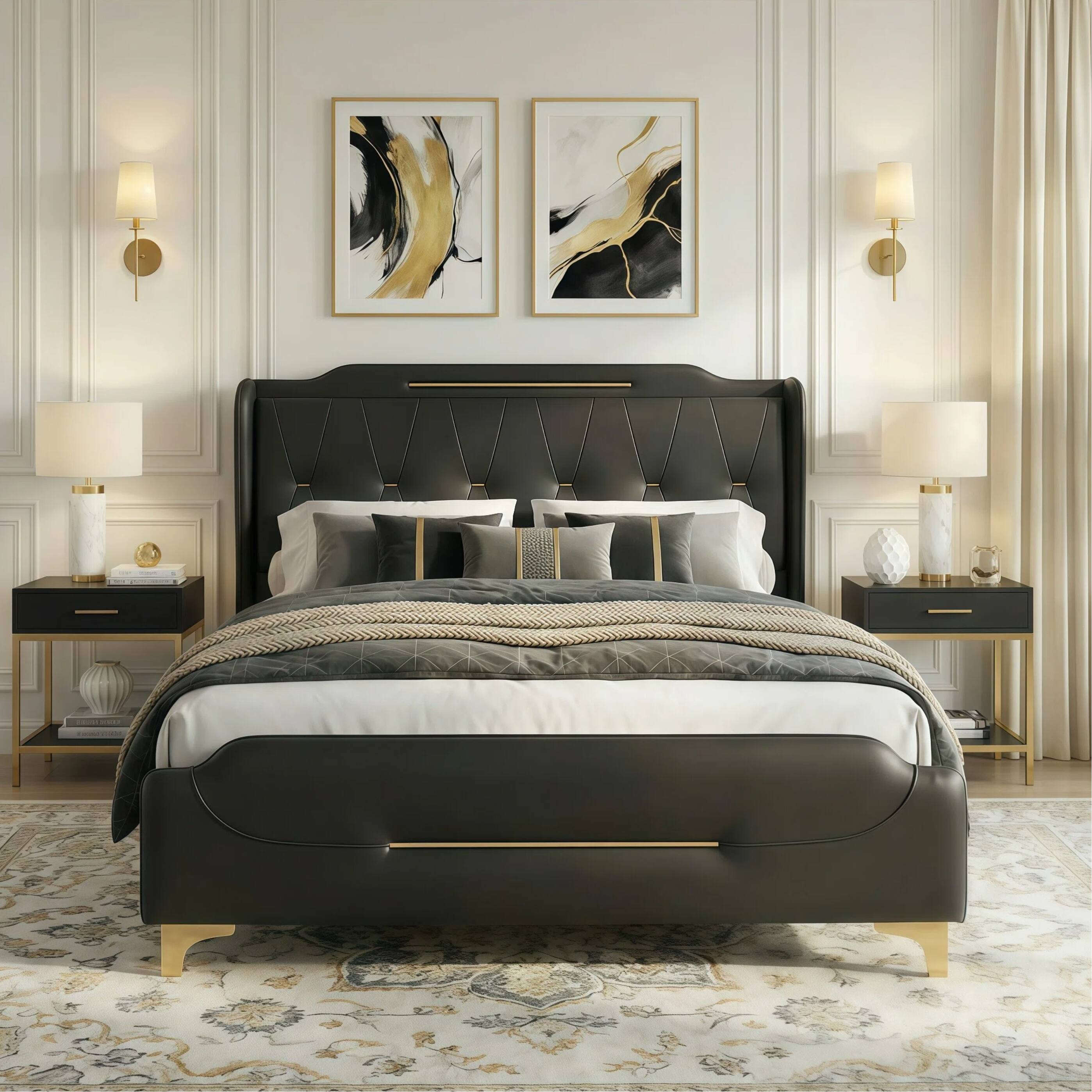 Front. LUCKY ONE - Queen Size PU Leather Upholstered Bed Frame with Wingback Headboard - Black.