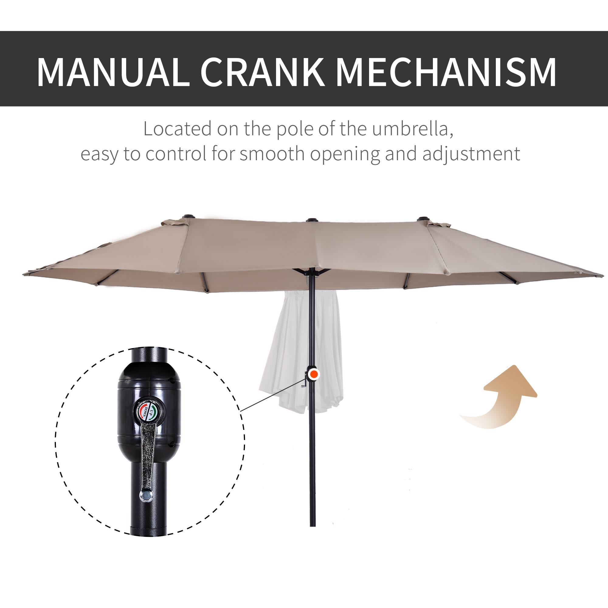 MANUAL CRANK MECHANISM

Located on the pole of the umbrella, easy to control for smooth opening and adjustment