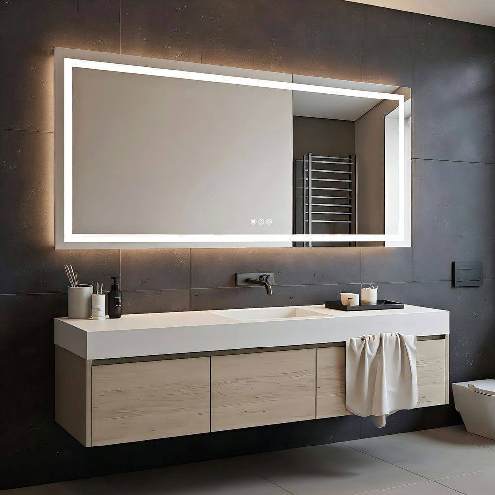 Alt View 7. Kadyn - 72x36 Inch Wall-to-Wall Frameless Rectangle LED Bathroom Mirror for Large Spaces.