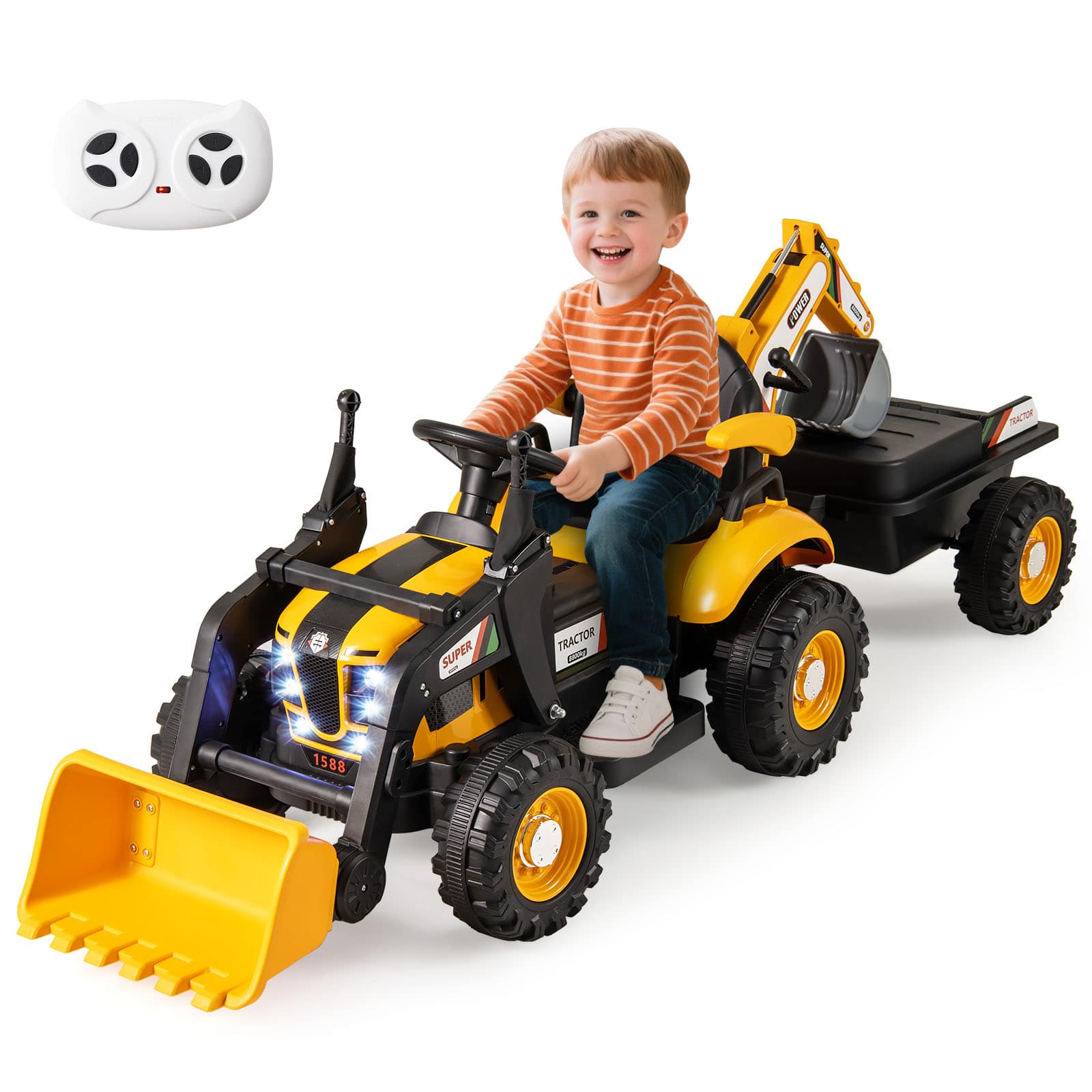 Gymax - 4 in 1 Ride on Tractor Excavator & Bulldozer for Kids Trailer Shovel Bucket - Yellow