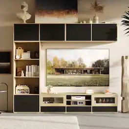 Famapy - Modern C-Shaped Upto 65" TV Stand with Storage Cabinets and Display Shelves, Unique Media Console for Living Room - Wooden