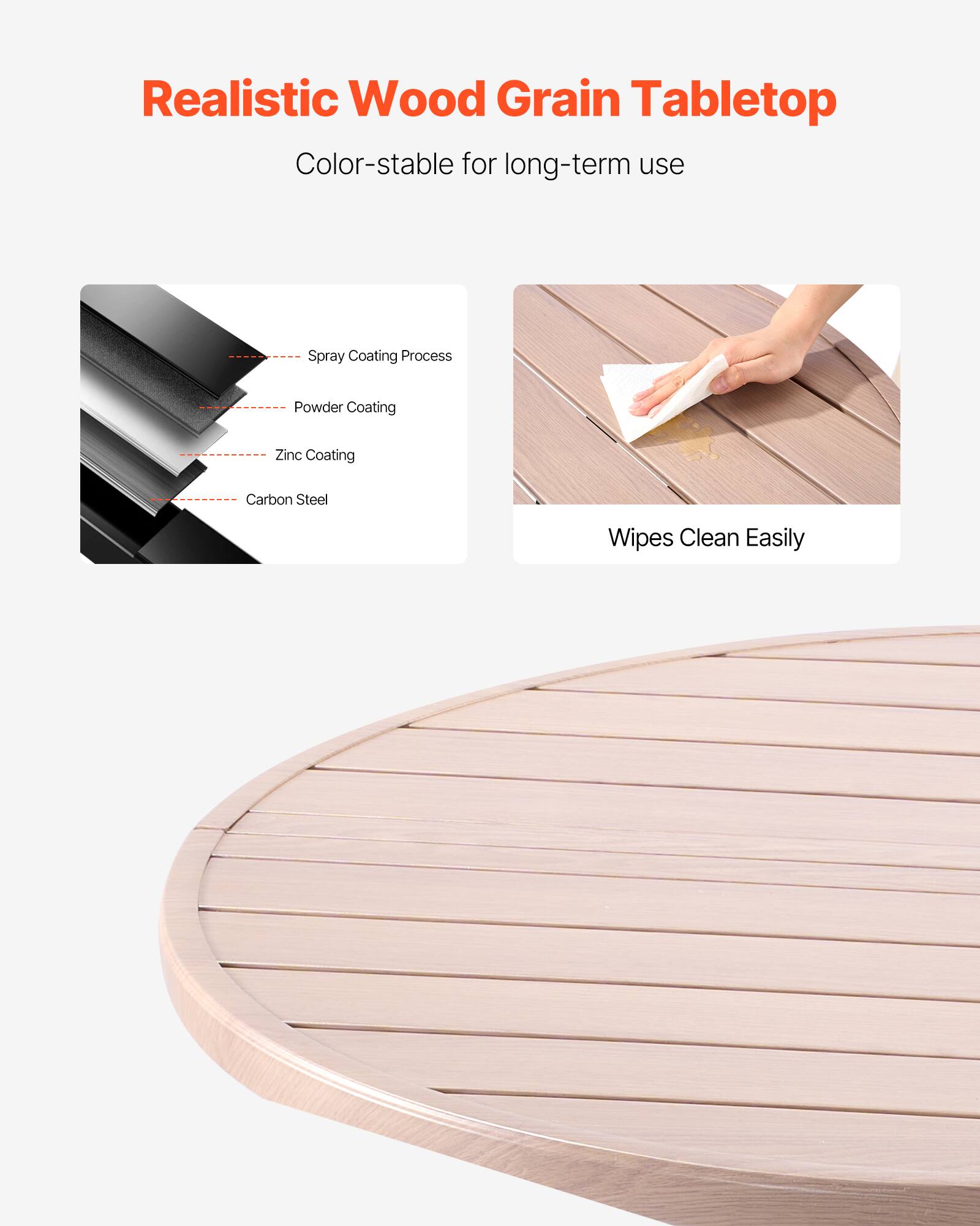 Realistic Wood Grain Tabletop

Color-stable for long-term use

- Spray Coating Process
- Powder Coating
- Zinc Coating
- Carbon Steel

Wipes Clean Easily