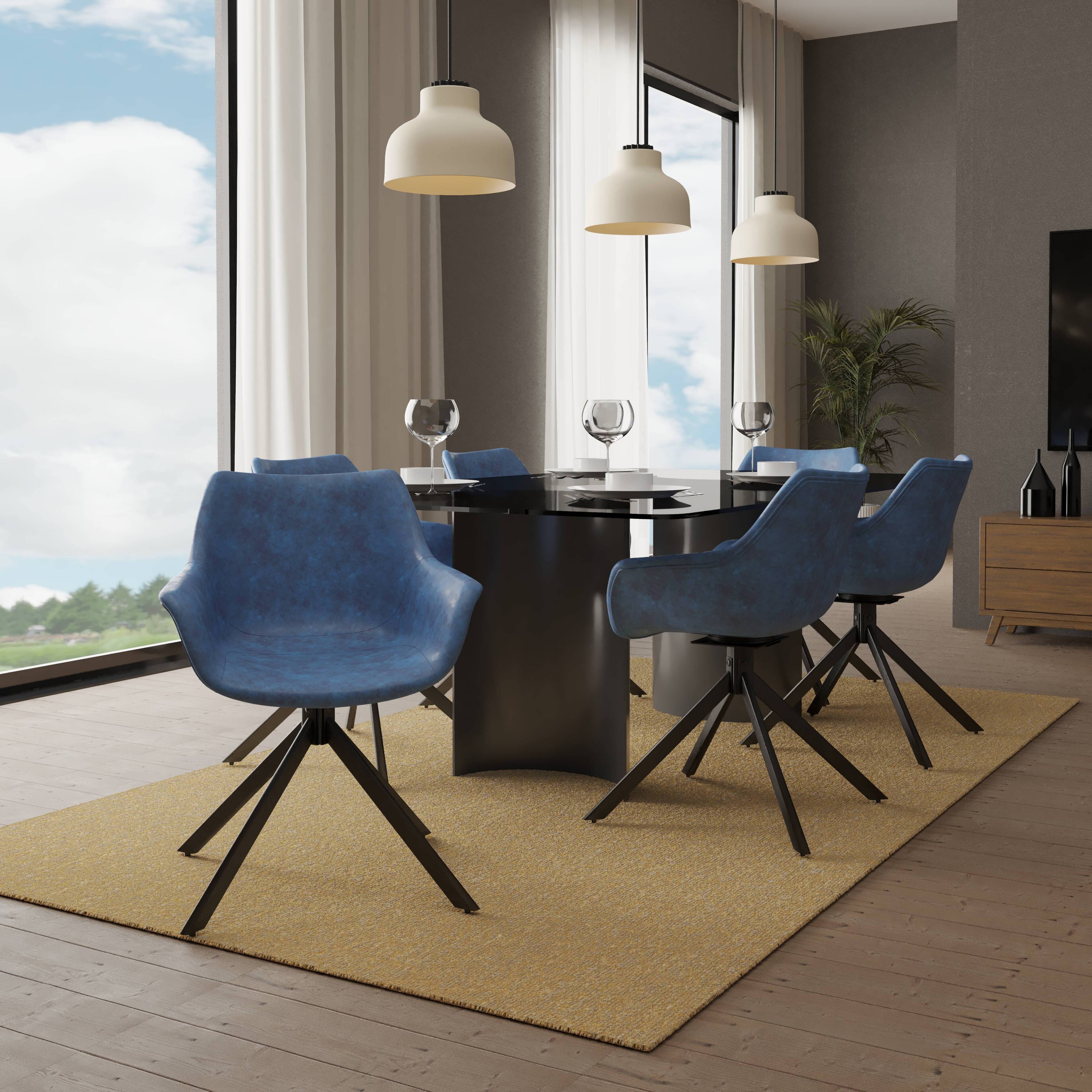 Left. LeisureMod - Markley 4-PCS Modern 360 Swivel Faux Leather Dining Armchair with Iron Legs - Light Blue.