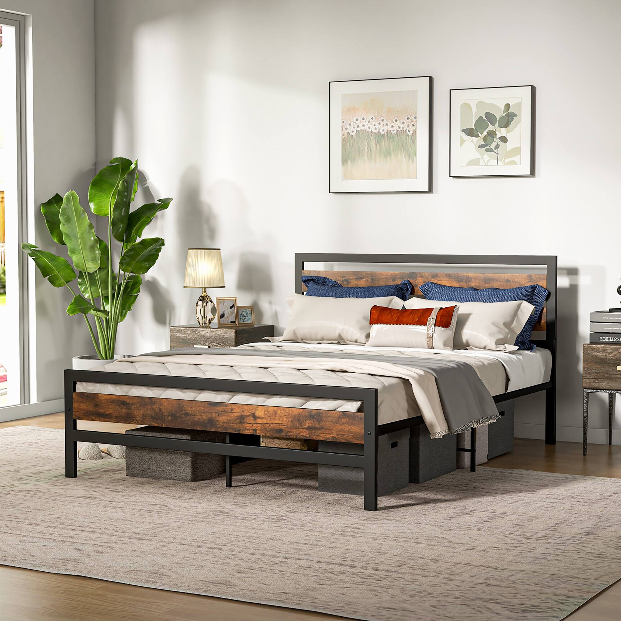 Alt View 1. Costway - Costway Queen Industrial Metal Platform Bed Frame Rustic Headboard Mattress Foundation - Black.