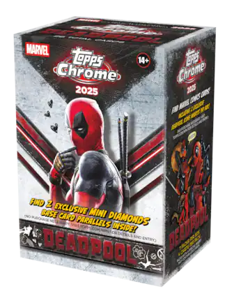 MARVEL
Topps Chrome 2025
14+
FIND 2 EXCLUSIVE MINI DIAMONDS BASE CARD PARALLELS INSIDE!
(NO PURCHASE NECESSARY. VISIT TOPPS.COM/NPN FOR DETAILS AND ENTRY.)
FIND MARVEL COMICS CARDS!
INCLUDING 2 EXCLUSIVE INSERTS PER BOX!
DEADPOOL ICONS NECESSARY. VISIT TOPPS.COM/NPN FOR DETAILS AND ENTRY.)
DEADPOOL
7 PACKS PER BOX
4 CARDS PER PACK
322 TOTAL CARDS
PACKS WITH LESS CARDS
FOR FUN!
DEADPOOL