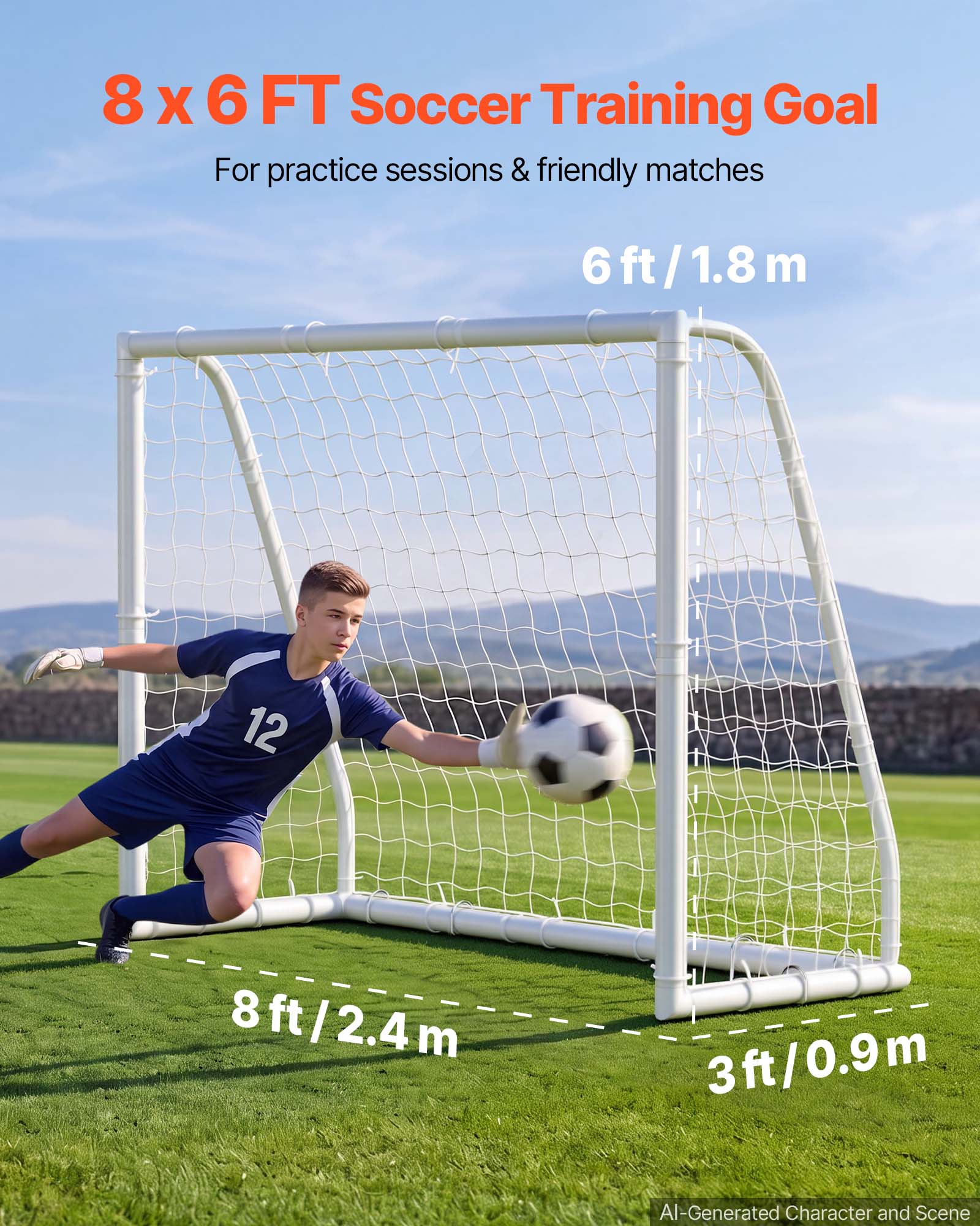 8 x 6 FT Soccer Training Goal  
For practice sessions & friendly matches  

6 ft / 1.8 m  
8 ft / 2.4 m  
3 ft / 0.9 m  

AI-Generated Character and Scene
