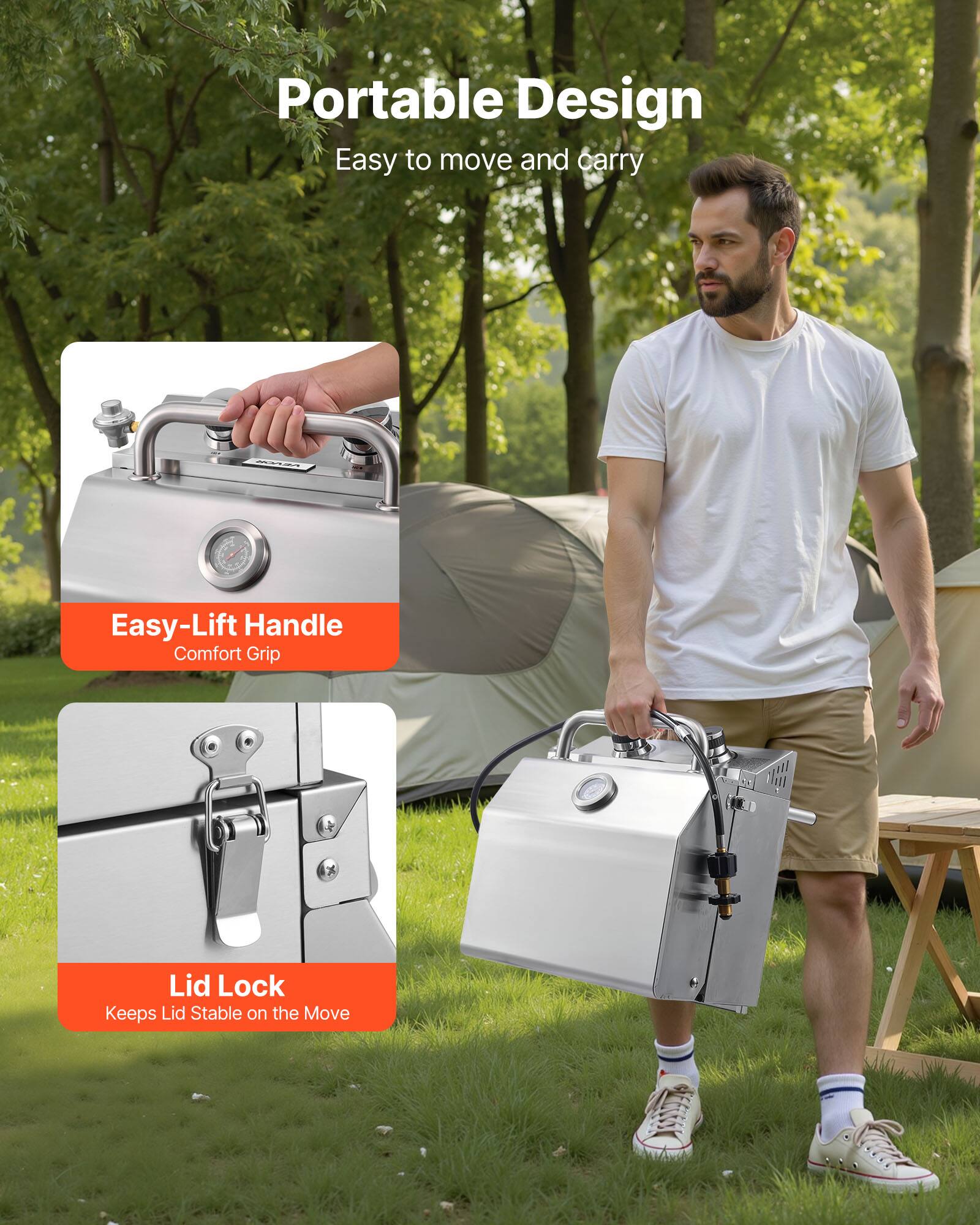 Portable Design  
Easy to move and carry  

Easy-Lift Handle  
Comfort Grip  

Lid Lock  
Keeps Lid Stable on the Move