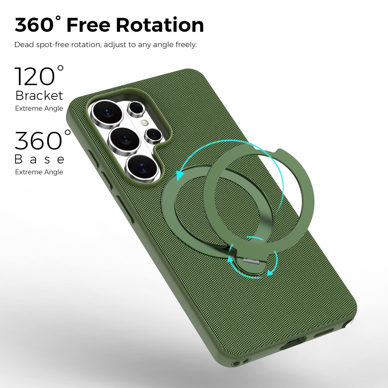 360° Free Rotation  
Dead spot-free rotation, adjust to any angle freely.  

120° Bracket  
Extreme Angle  

360° Base  
Extreme Angle