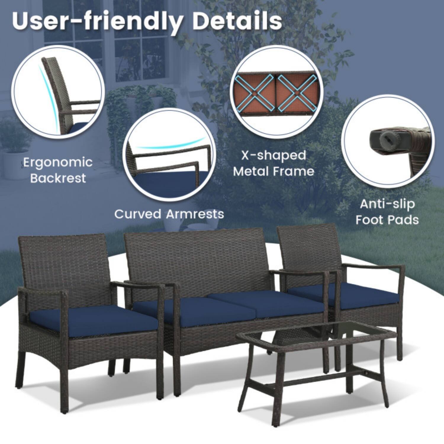 User-friendly Details

- Ergonomic Backrest
- Curved Armrests
- X-shaped Metal Frame
- Anti-slip Foot Pads