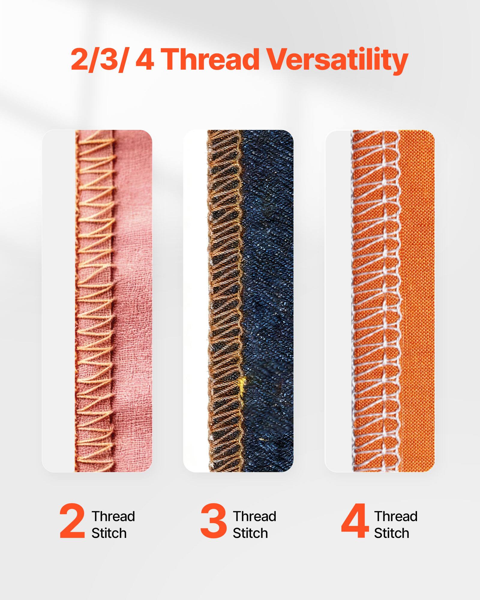2/3/4 Thread Versatility

2 Thread Stitch

3 Thread Stitch

4 Thread Stitch
