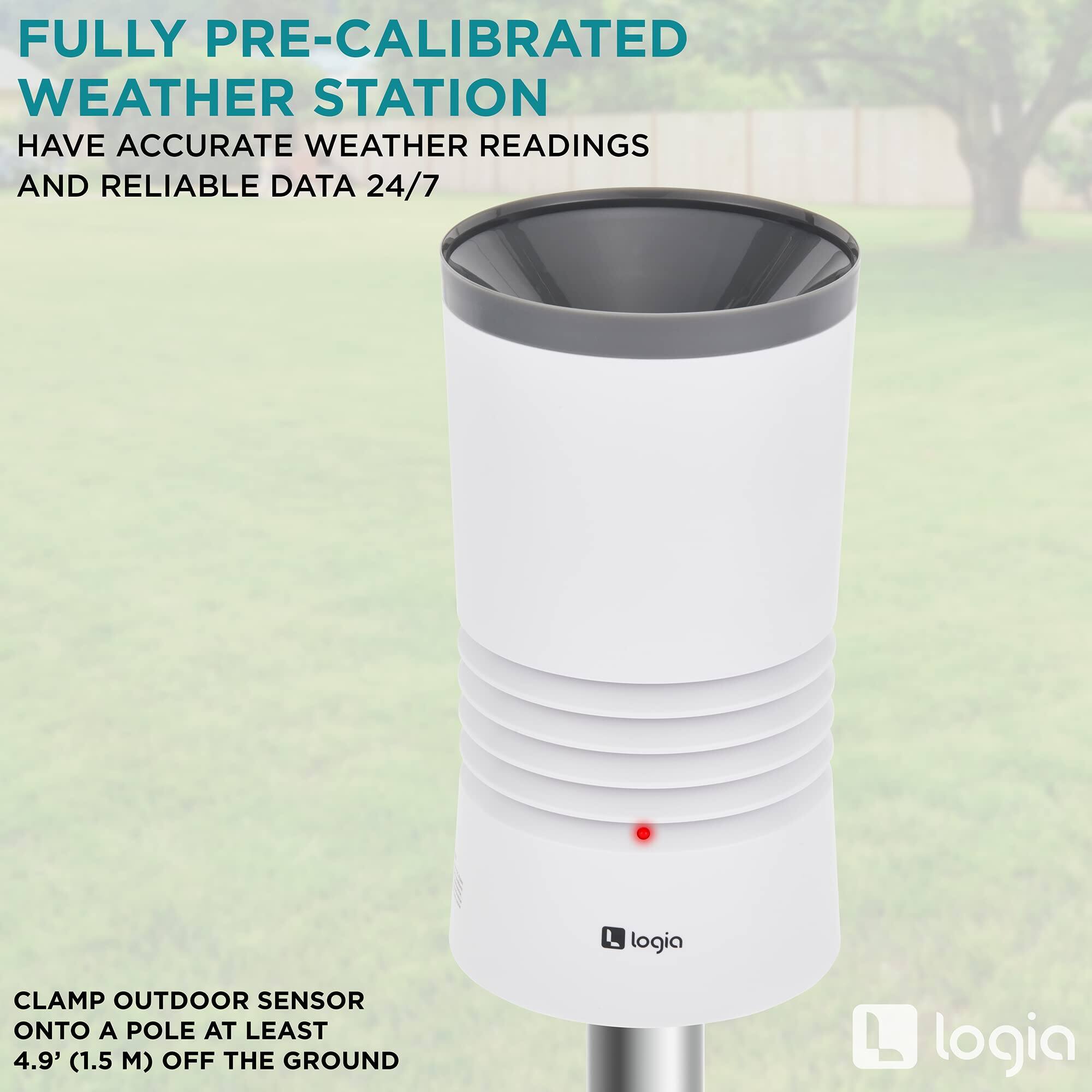 FULLY PRE-CALIBRATED WEATHER STATION HAVE ACCURATE WEATHER READINGS AND RELIABLE DATA 24/7

logia

CLAMP OUTDOOR SENSOR ONTO A POLE AT LEAST 4.9' (1.5 M) OFF THE GROUND

logia