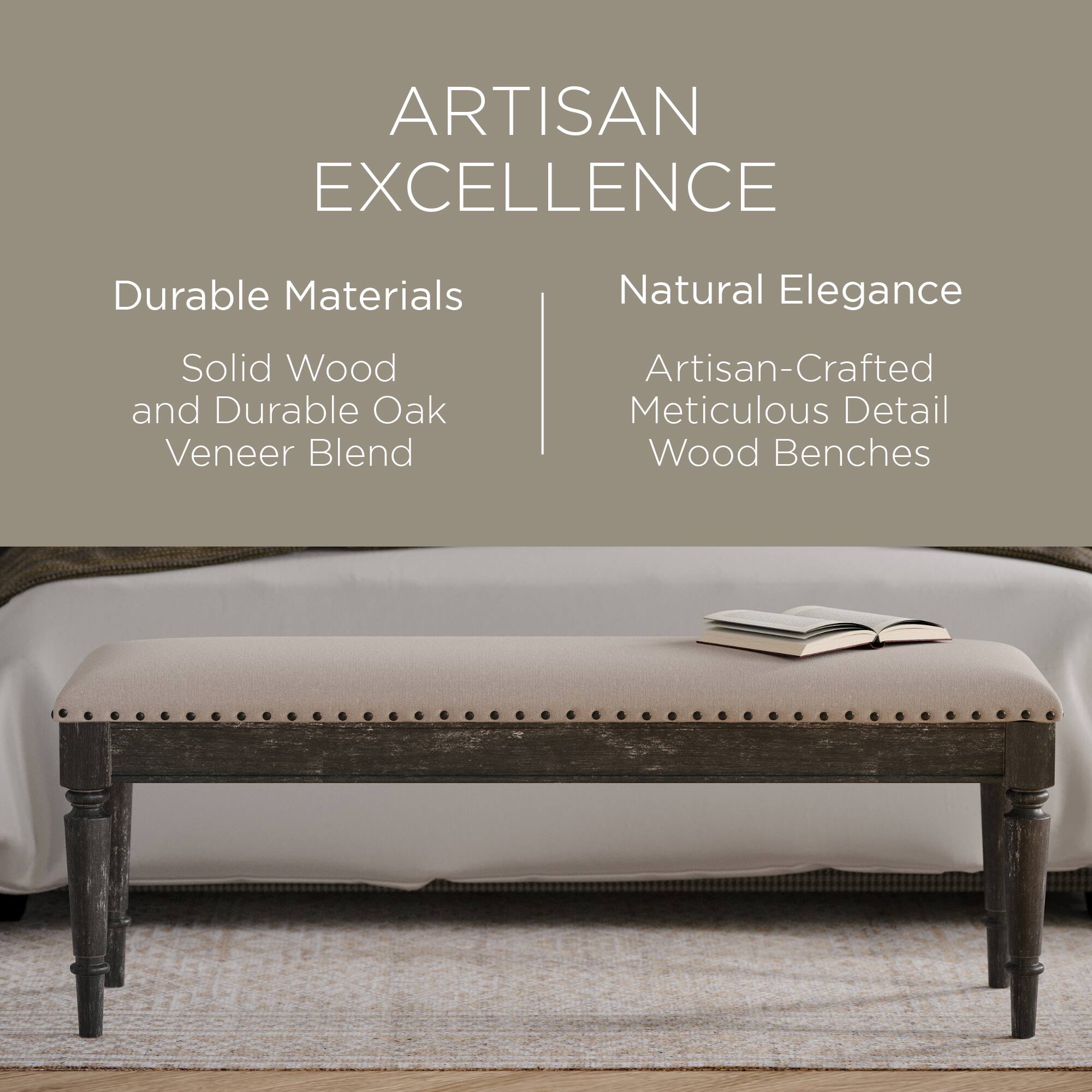 ARTISAN EXCELLENCE

Durable Materials  
Solid Wood and Durable Oak Veneer Blend

Natural Elegance  
Artisan-Crafted Meticulous Detail Wood Benches