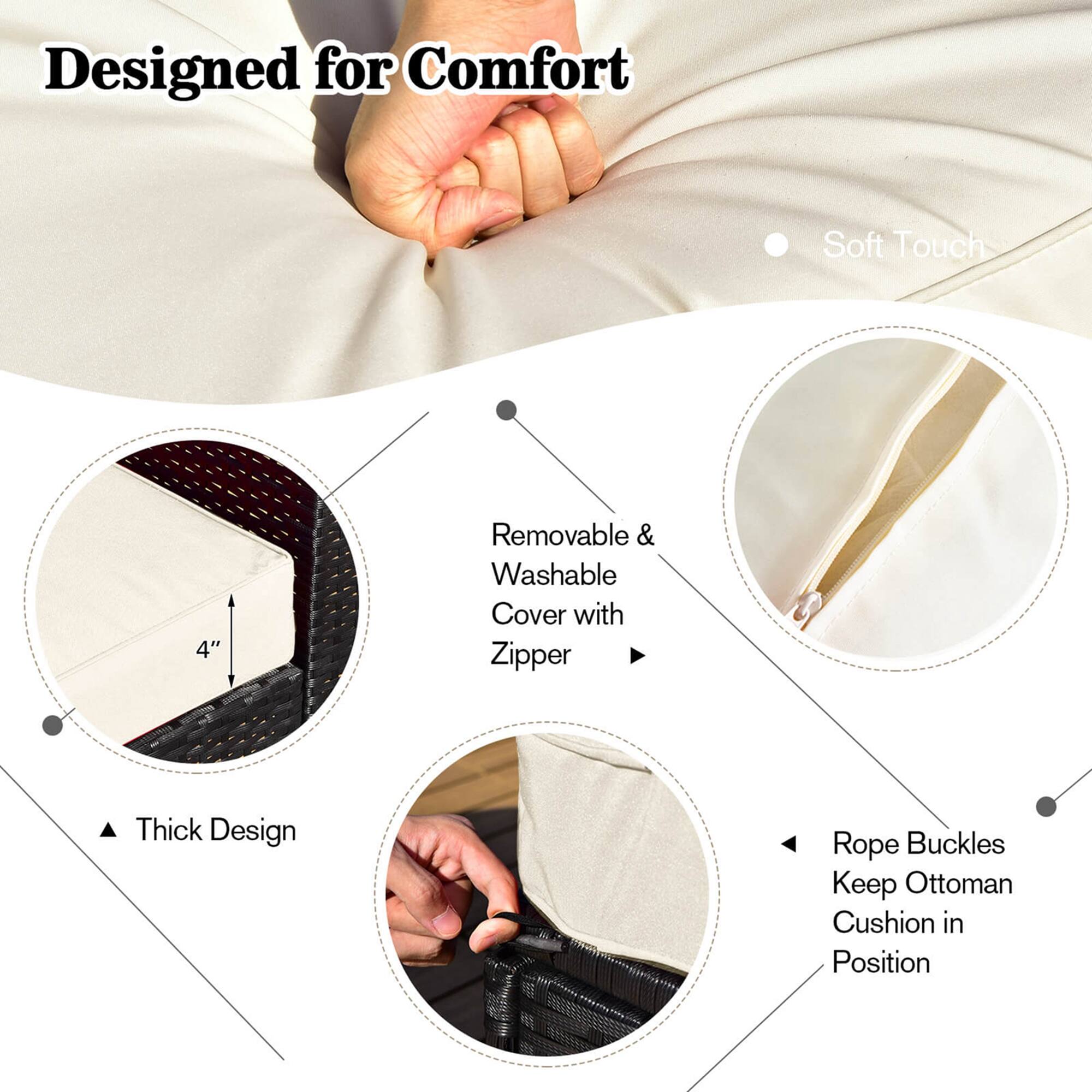 Designed for Comfort: Soft Touch 4" Removable & Washable Cover with Zipper Thick Design Rope Buckles Keep Ottoman Cushion in Position