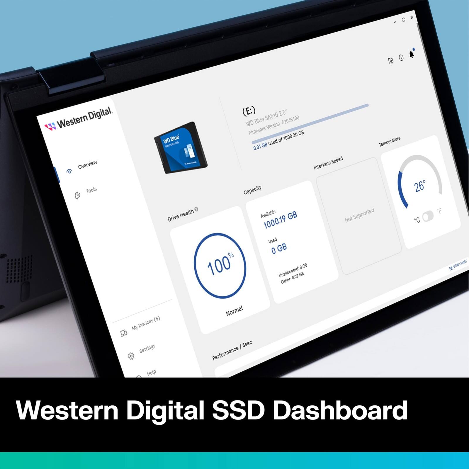 Western Digital SSD Dashboard

(E:) SA510 2.5" WD Blue 52045100

Firmware Version: 08

Capacity: 1000.19 GB

Used: 0 GB

Available: 1000.19 GB

Unallocated: 0.02 GB

Temperature: 26°C

Interface Speed: Not Supported

Drive Health: 100% Normal

Other: 0.02 GB

My Devices (5)

Settings

Help
