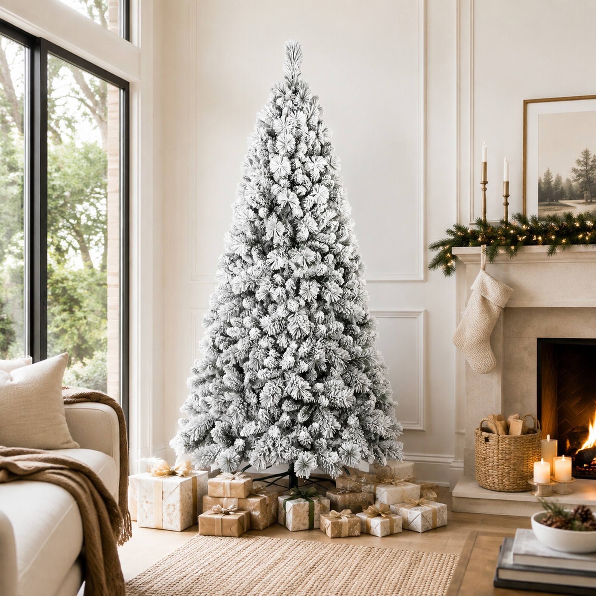 Back. RYHNUYNE - 9FT Flocked Christmas Tree, 1964 Snowy PVC Hard Needle Branches Hinged Design Easy Setup Stable Metal Stand - Green,White.