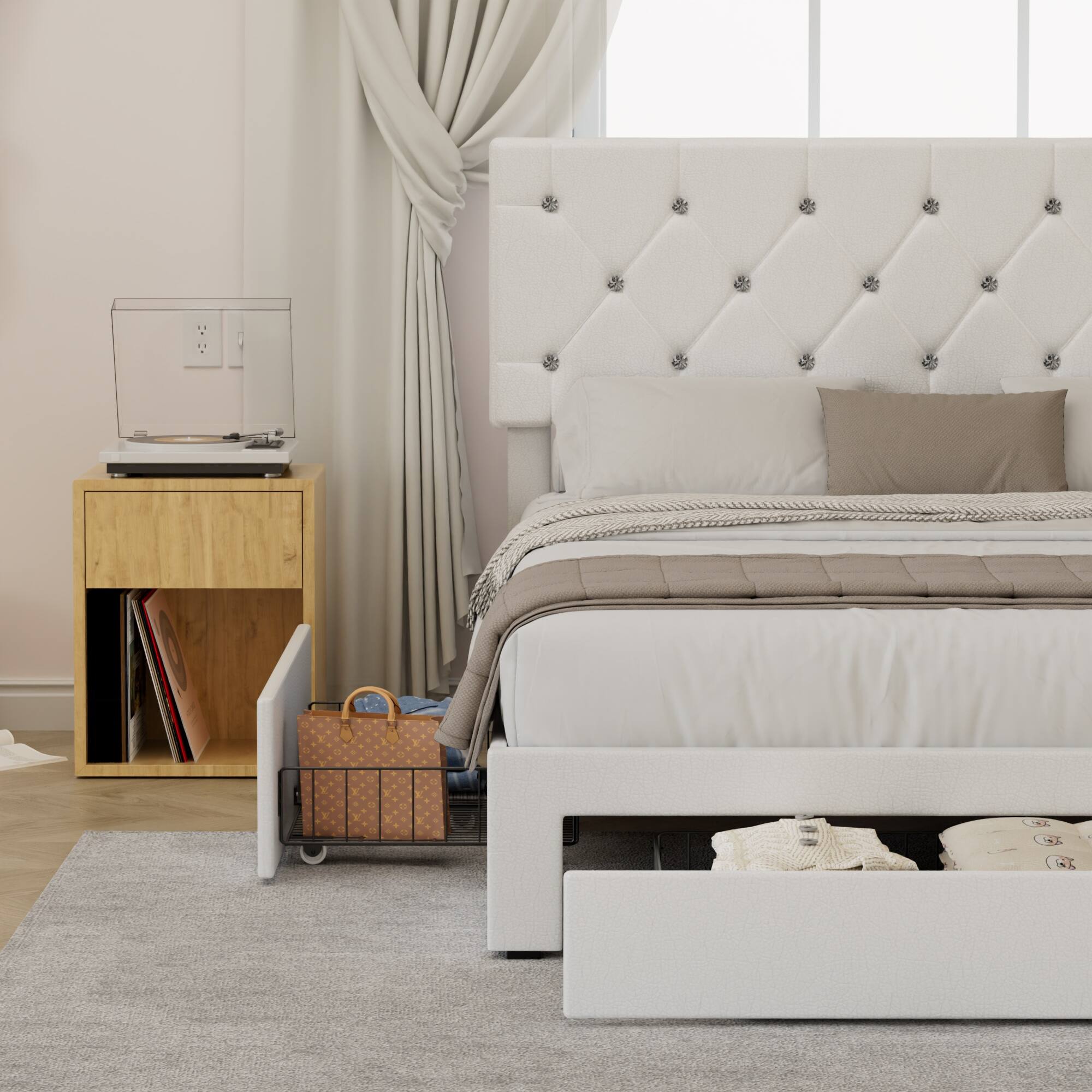 Alt View 6. Vecelo - Queen Bed Frame with Storage Drawers, Upholstered Faux Leather Platform Bed with Adjustable Headboard and Wood Slats - White.