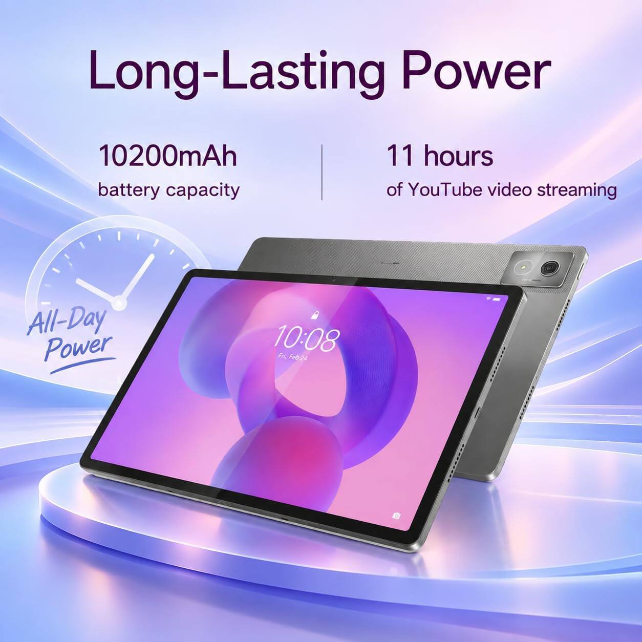 Long-Lasting Power

10200mAh battery capacity

11 hours of YouTube video streaming

All-Day Power

10:08 Fri, Feb 24