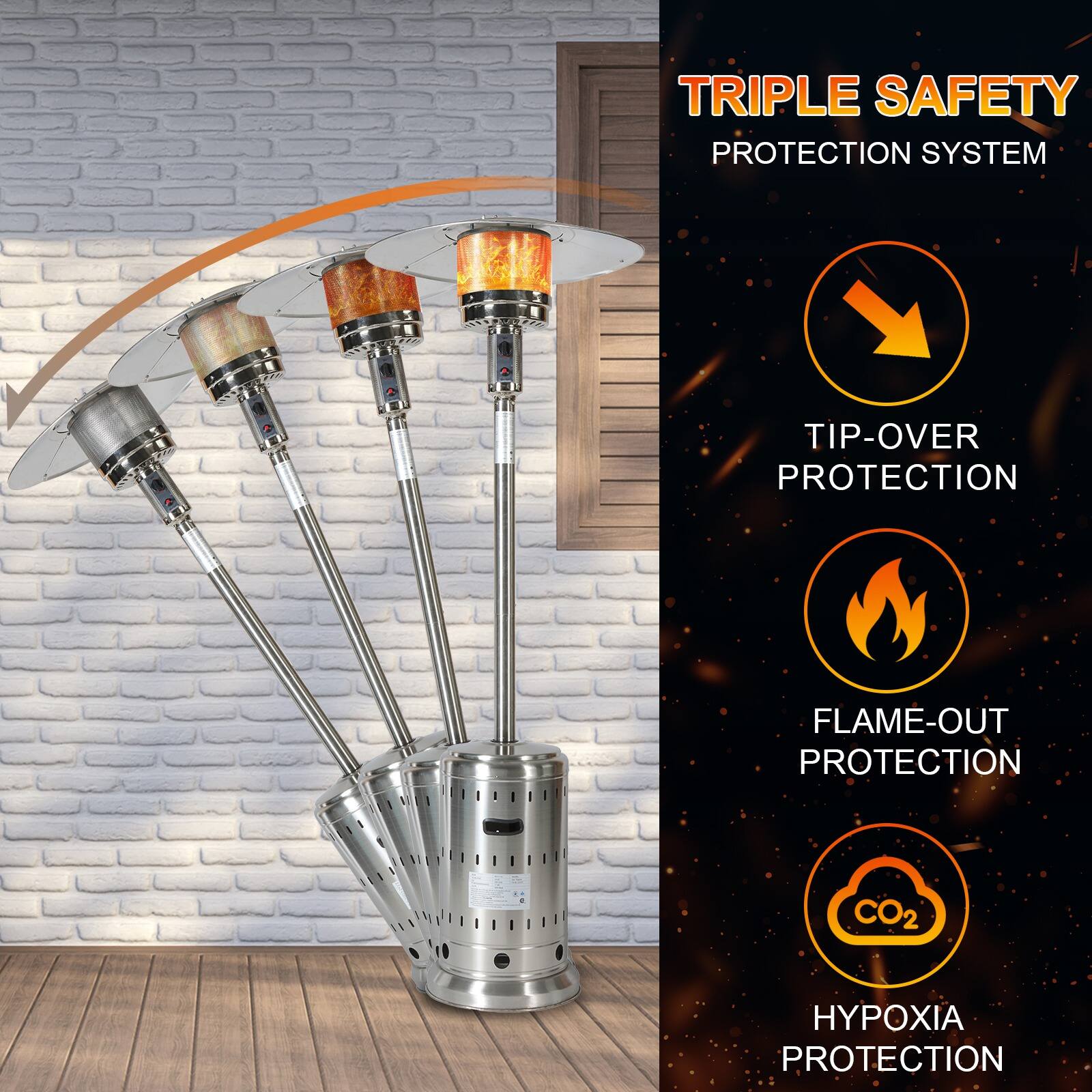 TRIPLE SAFETY PROTECTION SYSTEM

- TIP-OVER PROTECTION
- FLAME-OUT PROTECTION
- CO2 HYPOXIA PROTECTION