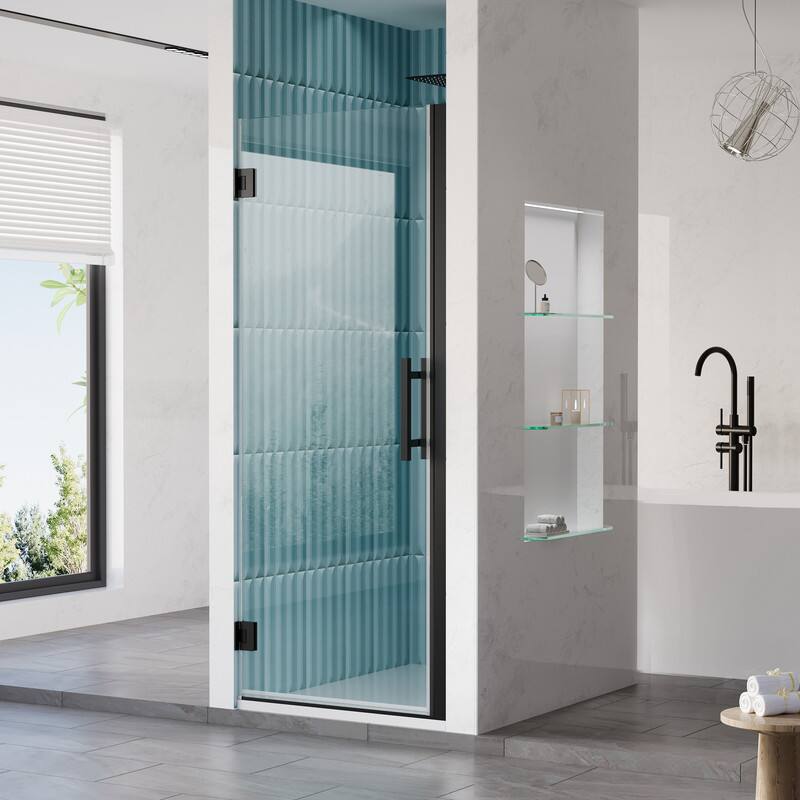 Angle. WELLFOR - 30–31 in. W x 72 in. H Frameless Hinged Shower Door with 3/8" Clear Tempered Glass, Reversible Opening - Matte Black.