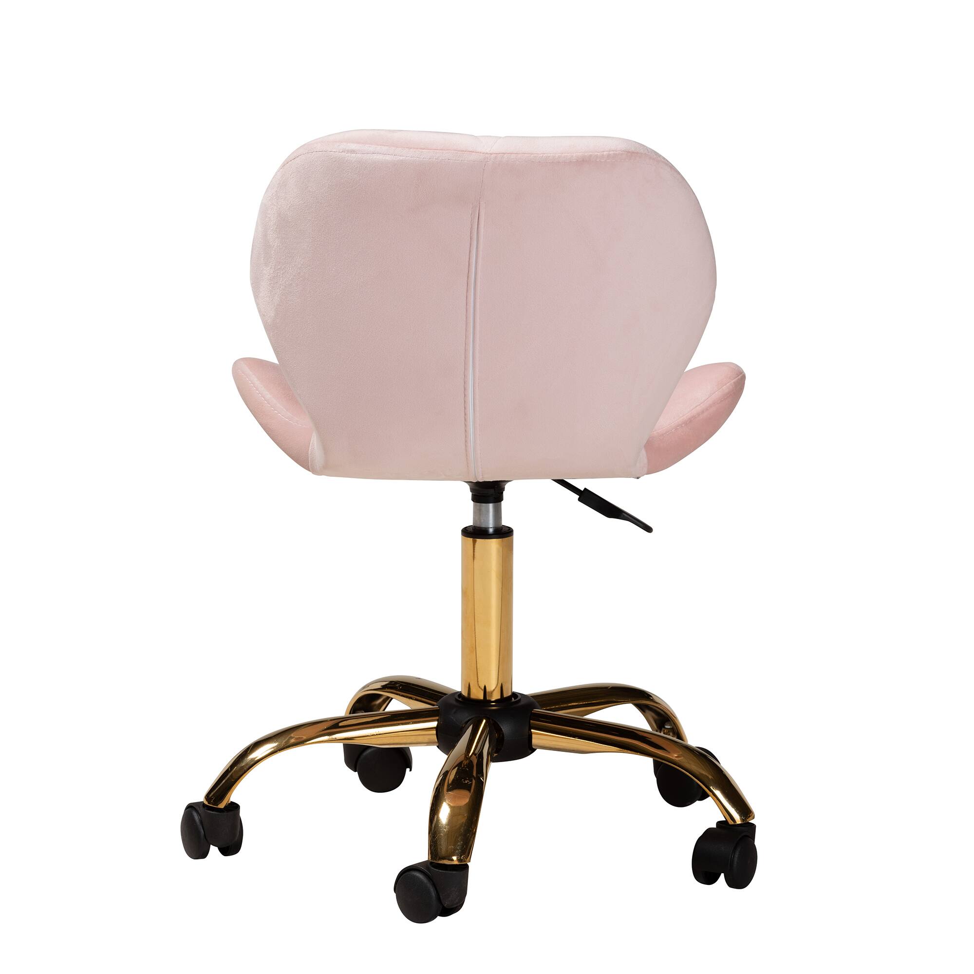 Back. Baxton Studio - Savara Contemporary Glam and Luxe Velvet Fabric and Metal Swivel Office Chair - Blush Pink/Gold.
