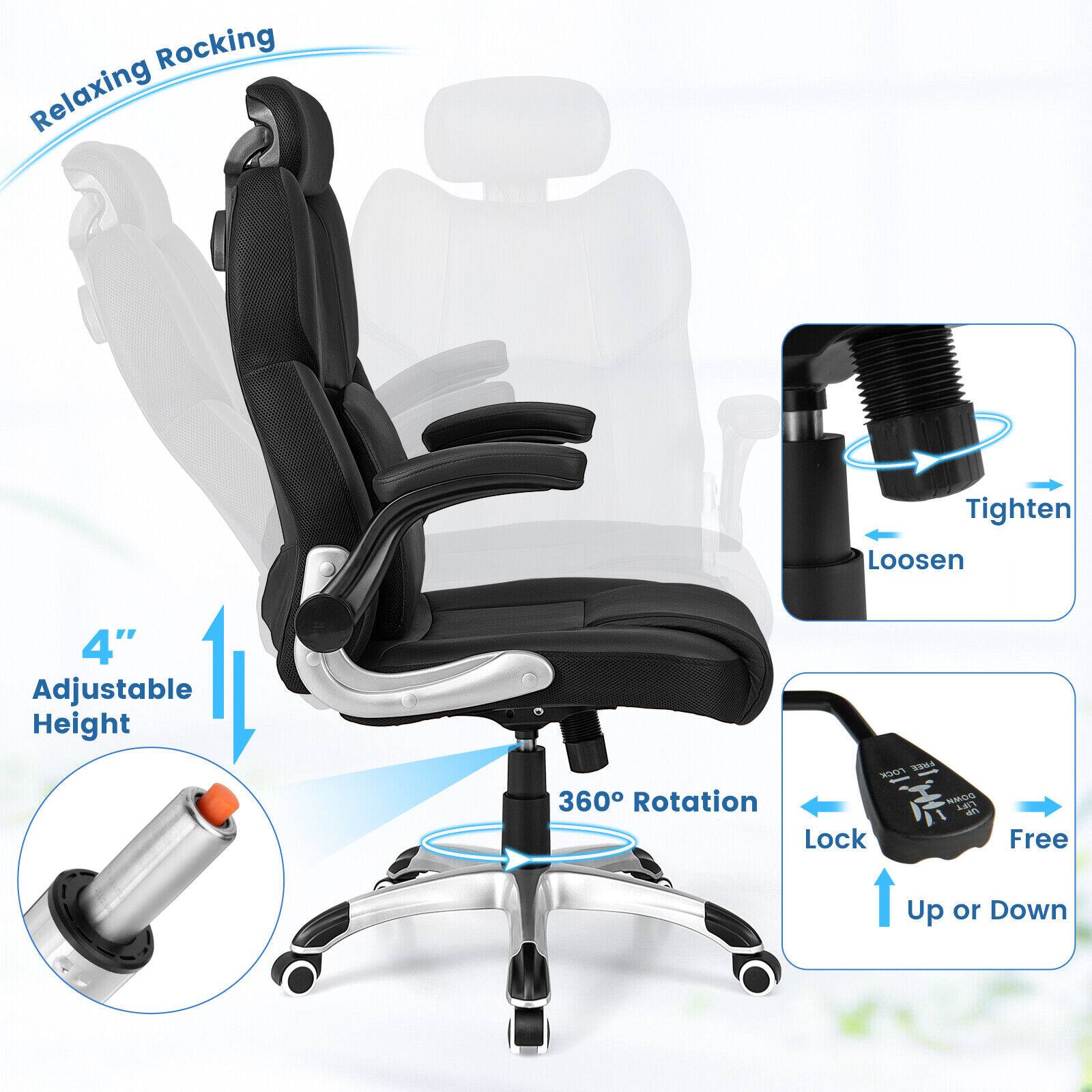 The image shows a black office chair with a 4" adjustable height, allowing the user to customize their seating position. The chair also features a rocking and relaxing function, providing additional comfort and support. The chair is equipped with a tighten and loosen feature, allowing the user to adjust the chair's tension for optimal support. The chair has a 390° rotation, providing a wide range of movement for the user. Additionally, the chair comes with a lock free up or down feature, ensuring that the chair remains in the desired position.