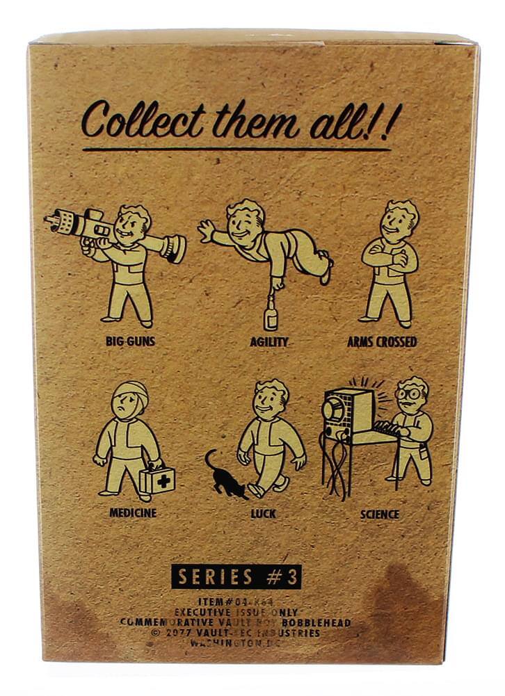 Collect them all!!  
BIG GUNS  
AGILITY  
ARMS CROSSED  
MEDICINE  
LUCK  
SCIENCE  

SERIES #3  
ITEM #04  
K64  
EXECUTIVE ISSUE ONLY  
COMMUNICATIVE VAULT  
© 2077 VAULT-EC  
FAS INDUSTRIES  
WASHINGTON DC