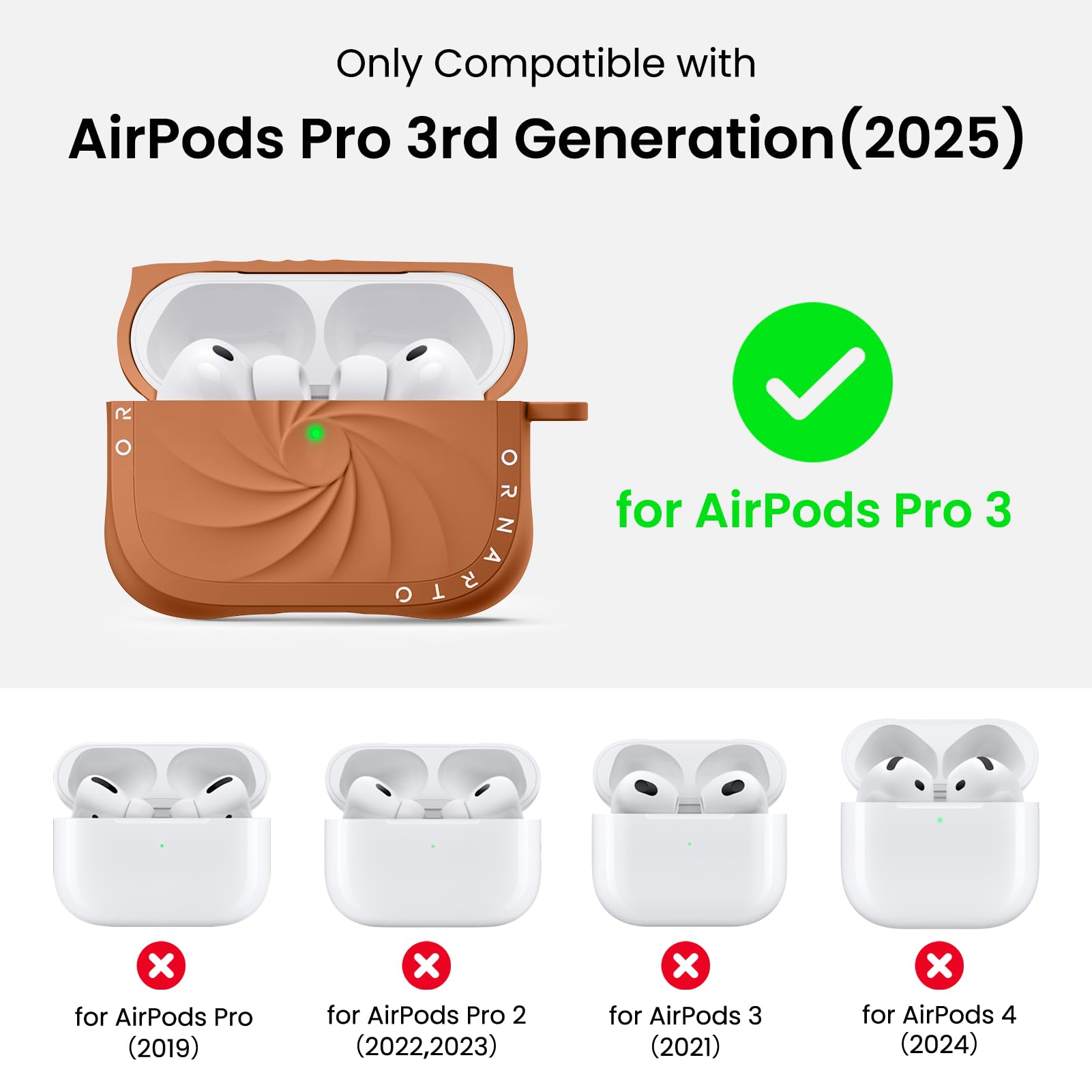 Only Compatible with  
AirPods Pro 3rd Generation (2025)  
for AirPods Pro 3  
for AirPods Pro (2019)  
for AirPods Pro 2 (2022, 2023)  
for AirPods 3 (2021)  
for AirPods 4 (2024)