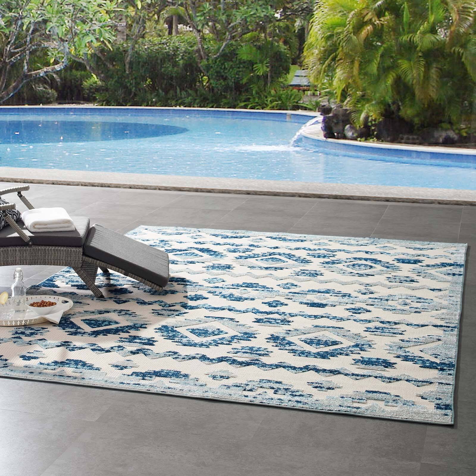 Left. Modway - Reflect Takara Abstract Diamond Moroccan Trellis Indoor and Outdoor Area Rug - Ivory and Blue.