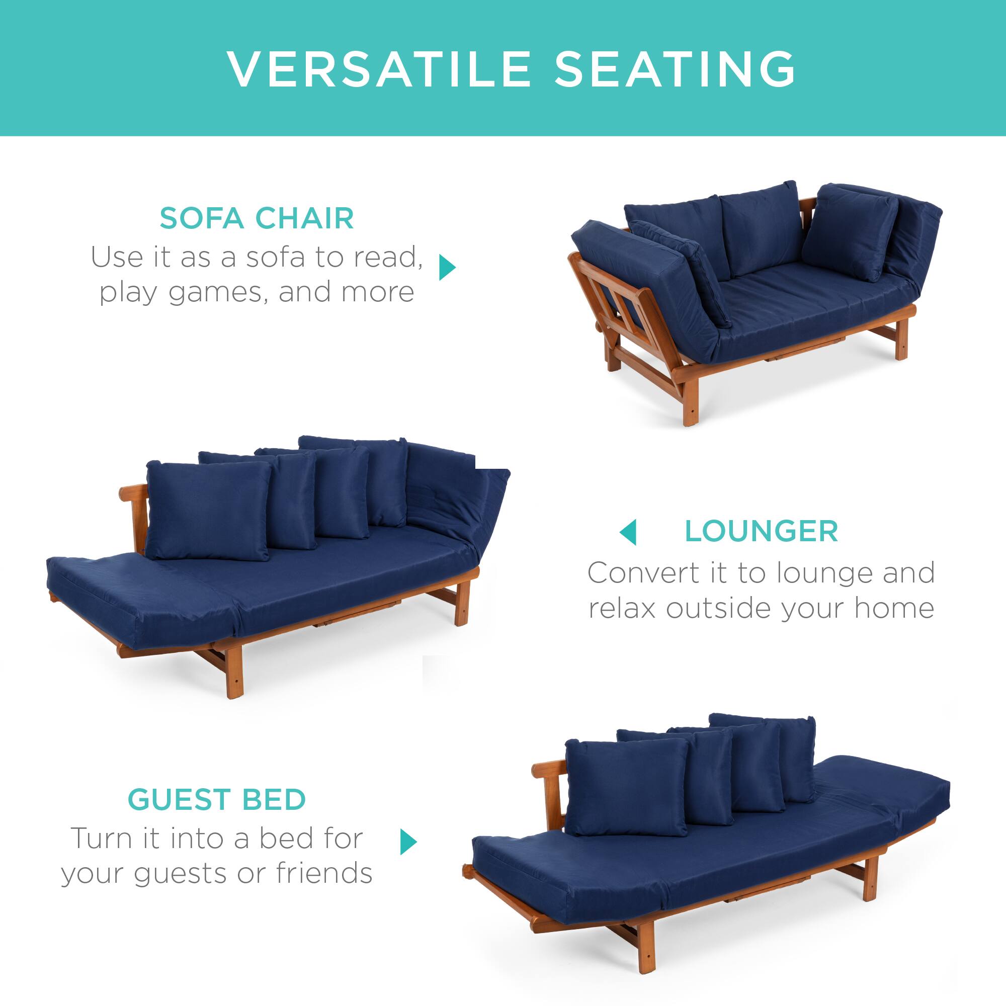 VERSATILE SEATING

SOFA CHAIR
Use it as a sofa to read, play games, and more

LOUNGER
Convert it to lounge and relax outside your home

GUEST BED
Turn it into a bed for your guests or friends