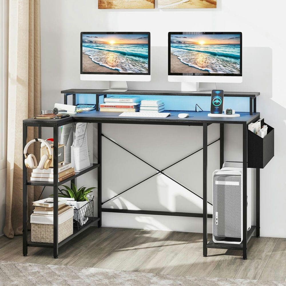 Resenkos - L-Shaped Gaming Desk - LED Lights & Power Outlets - Black