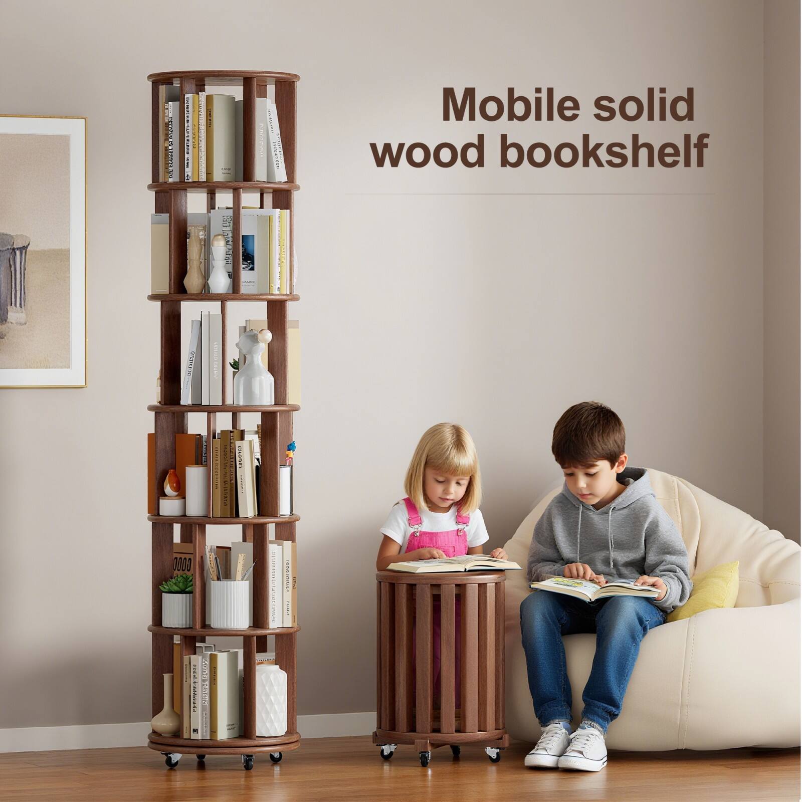 Mobile solid wood bookshelf