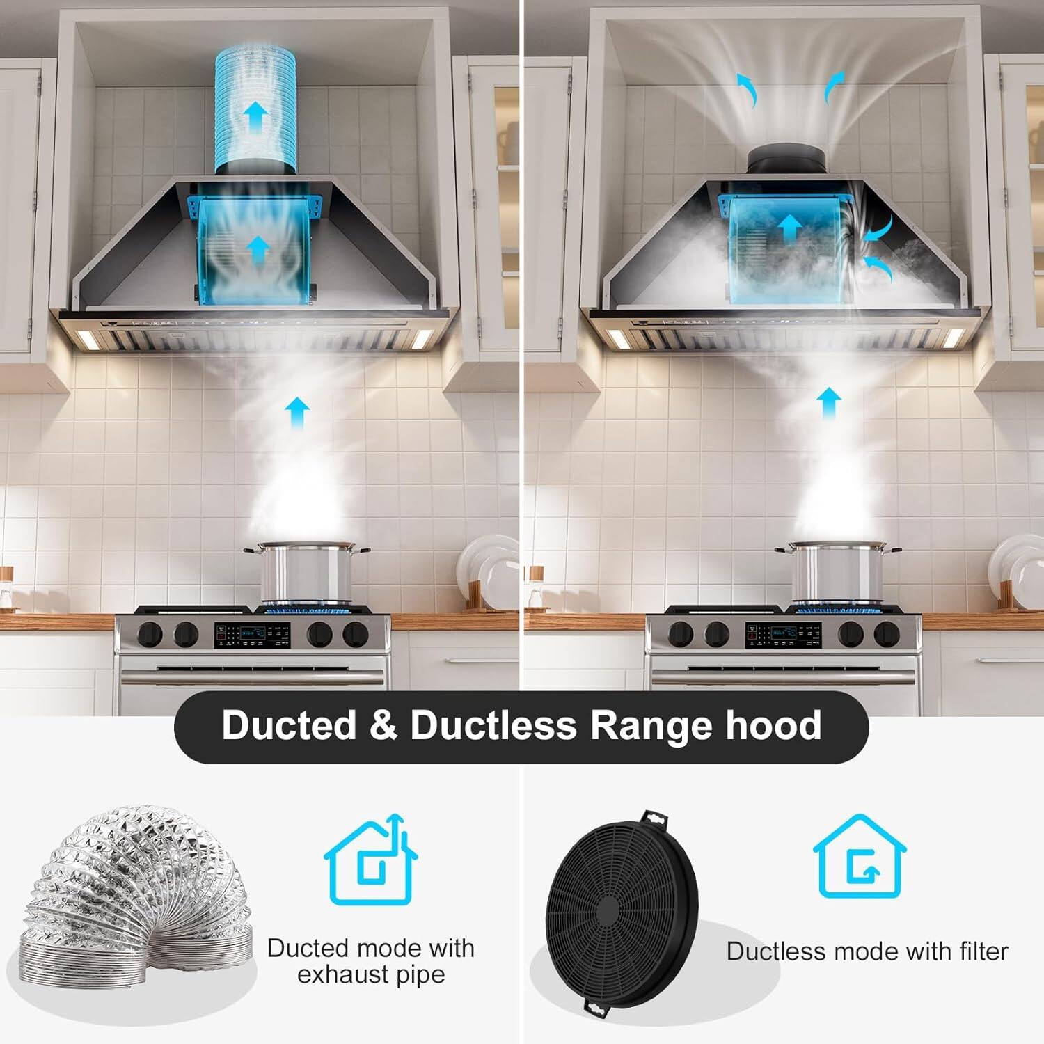 Ducted & Ductless Range hood

- Ducted mode with exhaust pipe
- Ductless mode with filter