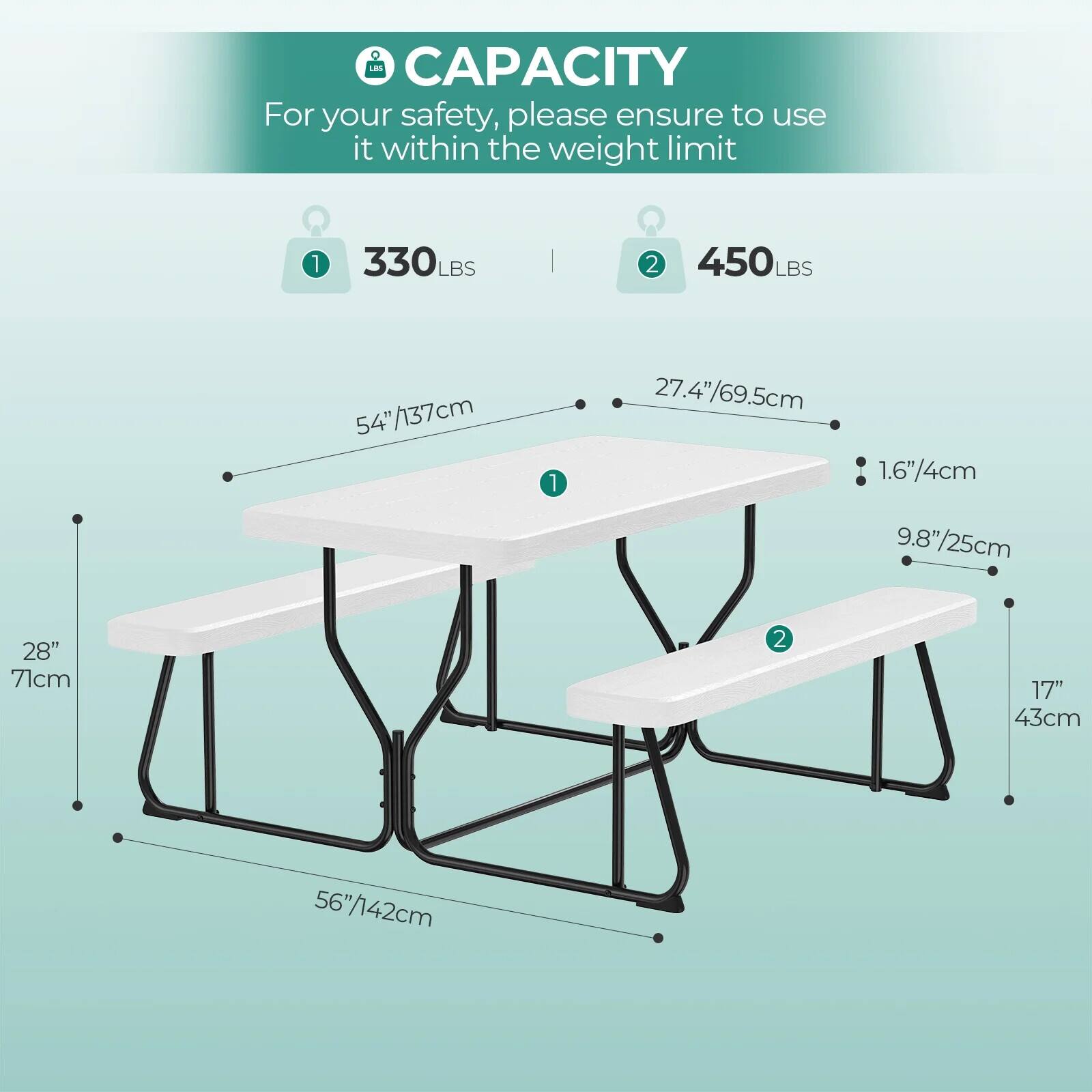 **CAPACITY**

For your safety, please ensure to use it within the weight limit

1. 330 LBS  
   - 54"/137cm  
   - 27.4"/69.5cm  
   - 1.6"/4cm  
   - 9.8"/25cm  
   - 28" / 71cm  
   - 56"/142cm  

2. 450 LBS  
   - 17" / 43cm
