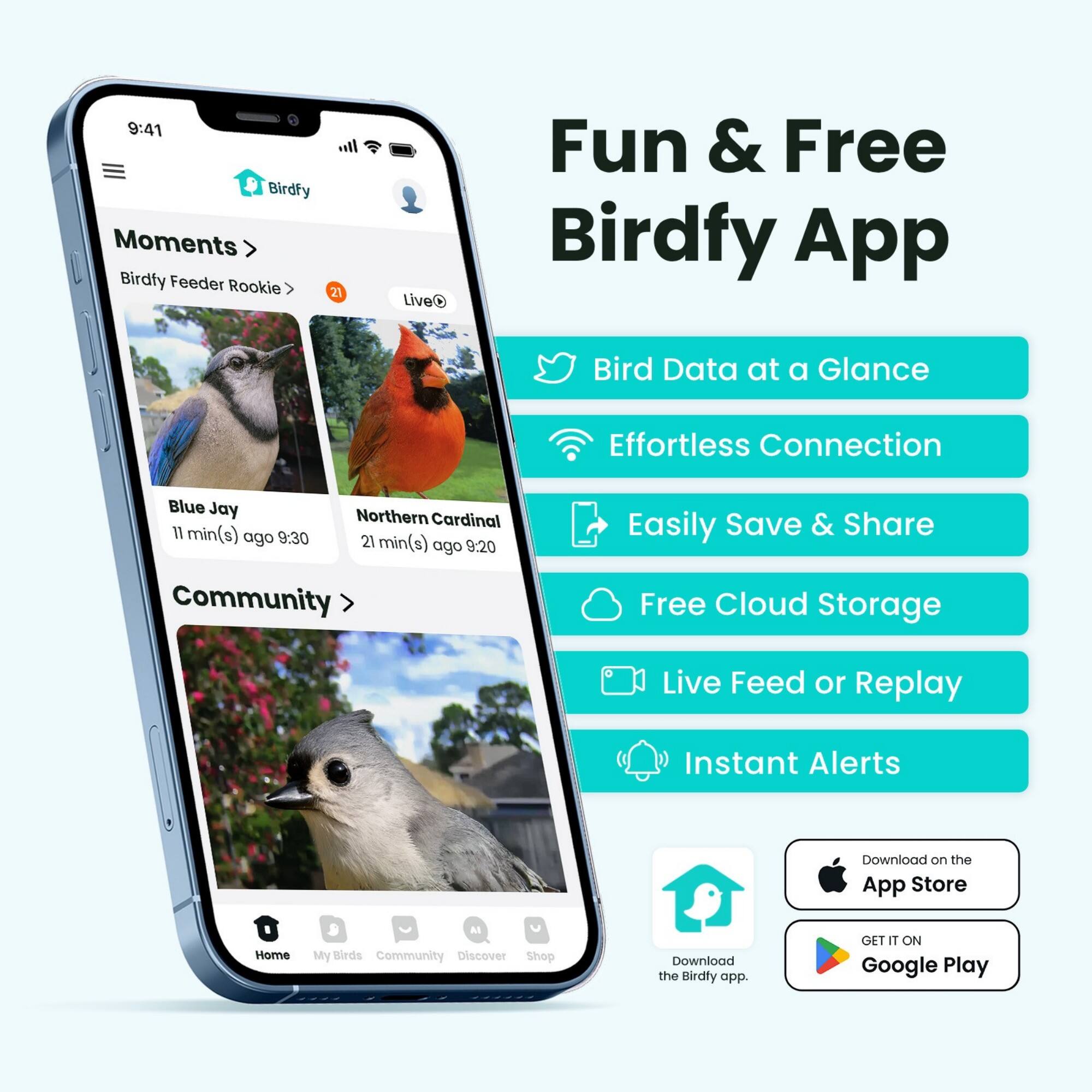 9:41 Birdfy Moments Birdfy Feeder Rookie 21 LiveO Fun & Free Birdfy App Bird Data at a Glance Effortless Connection Blue Jay 11 min(s) ago 9:30 Northern Cardinal 21 min(s) ago 9:20 Easily Save & Share Community Free Cloud Storage Live Feed or Replay Instant Alerts Download on the App Store Home My Birds Community Discover Shop Download the Birdfy app. GET IT ON Google Play