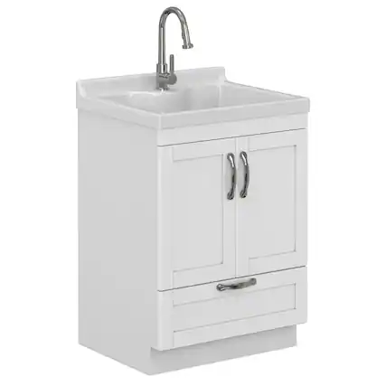 Front. Simpli Home - Maile All-In-One 24-inch Laundry Utility Sink and Cabinet - Pure White.
